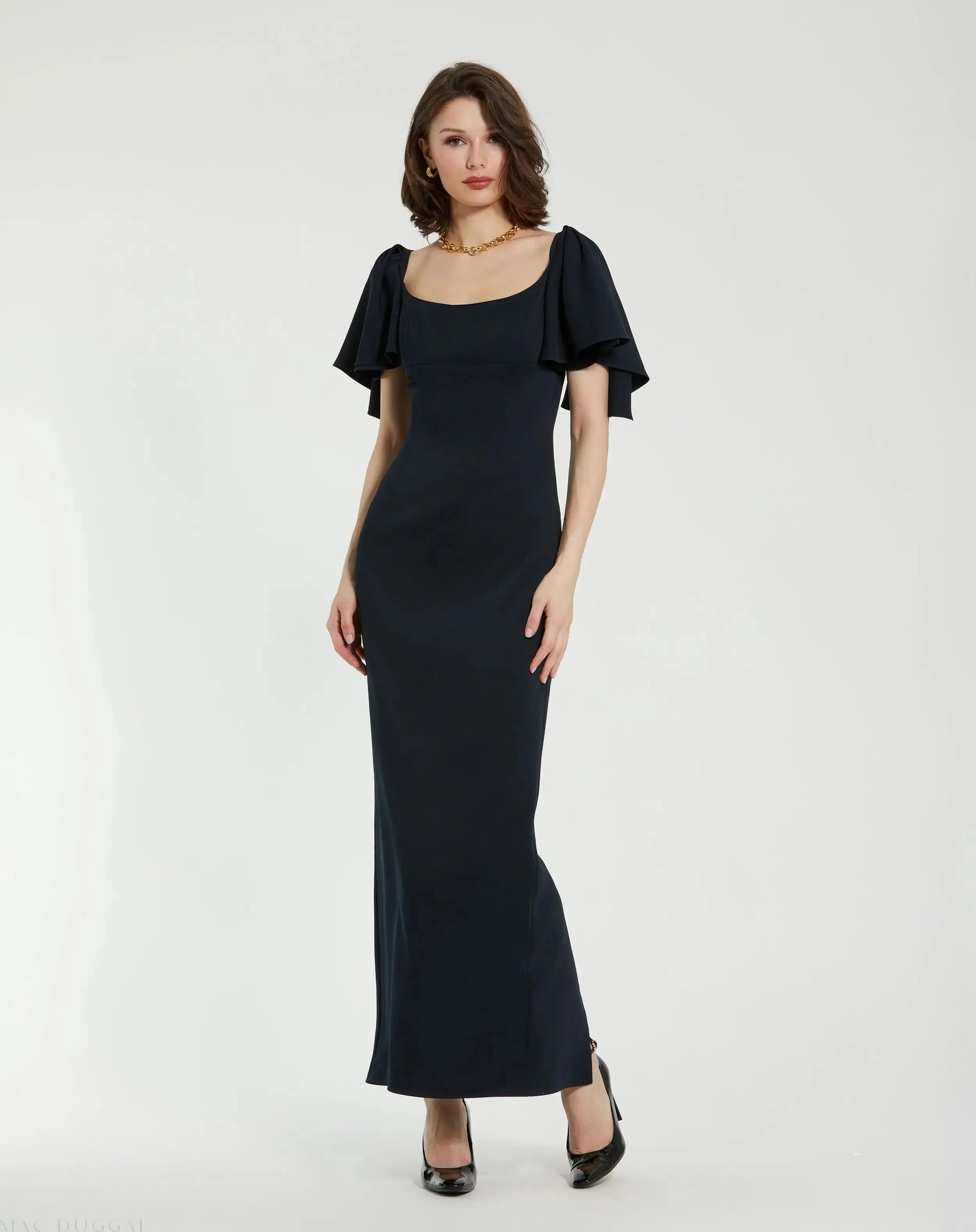 Navy Crepe Fitted Column Dress With Short Ruffle Sleeves - Mac Duggal Navy Crepe Fitted Column Dress With Short Ruffle Sleeves - Mac Duggal