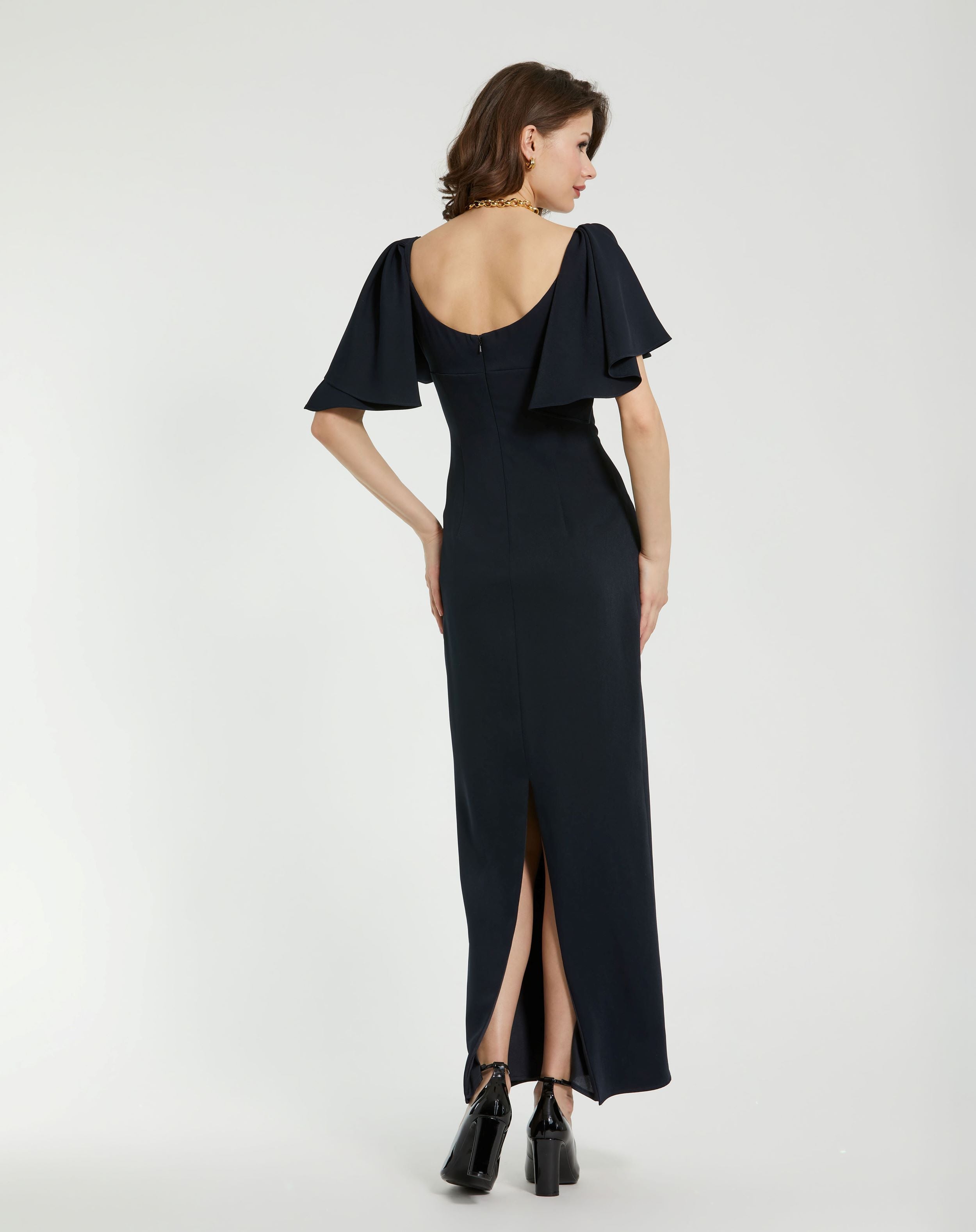 Crepe Fitted Column Dress With Short Ruffle Sleeves