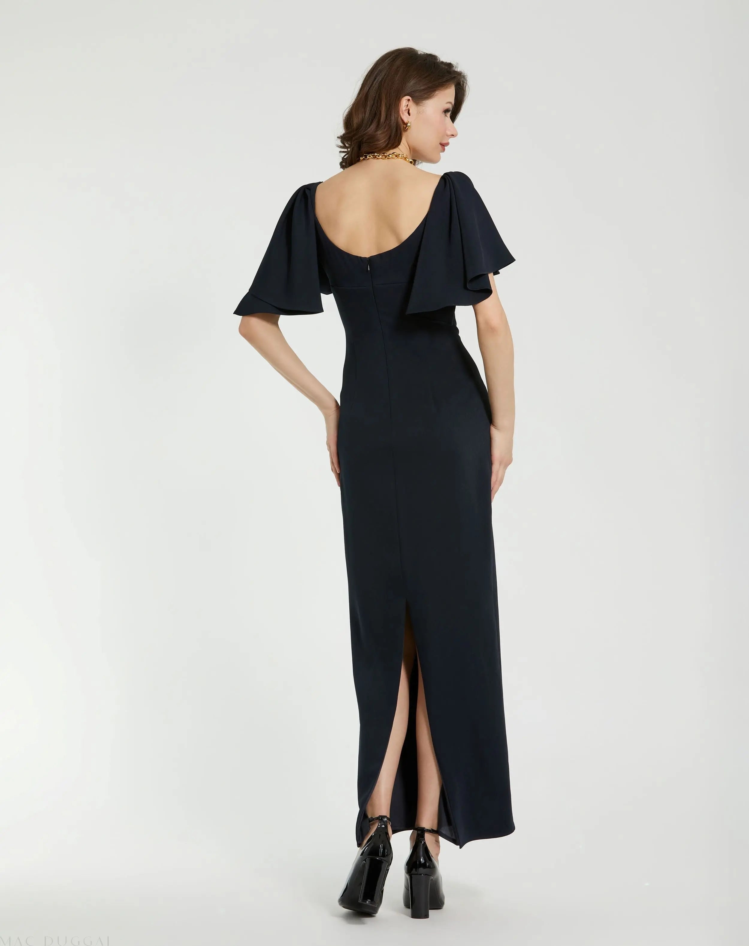 Navy Crepe Fitted Column Dress With Short Ruffle Sleeves - Mac Duggal