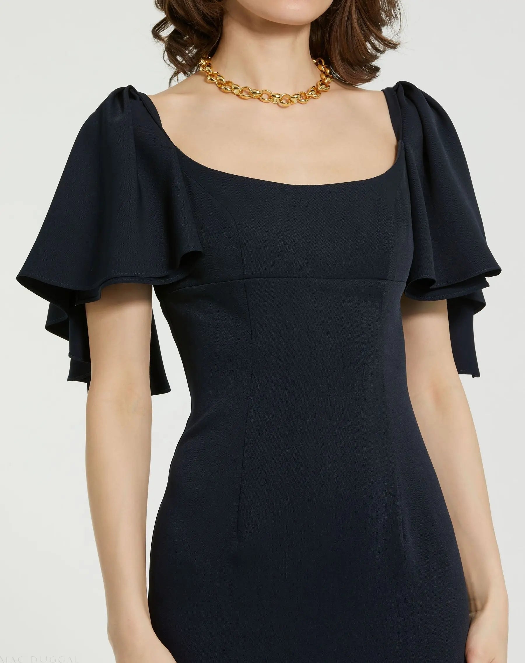 Navy Crepe Fitted Column Dress With Short Ruffle Sleeves - Mac Duggal Navy Crepe Fitted Column Dress With Short Ruffle Sleeves - Mac Duggal