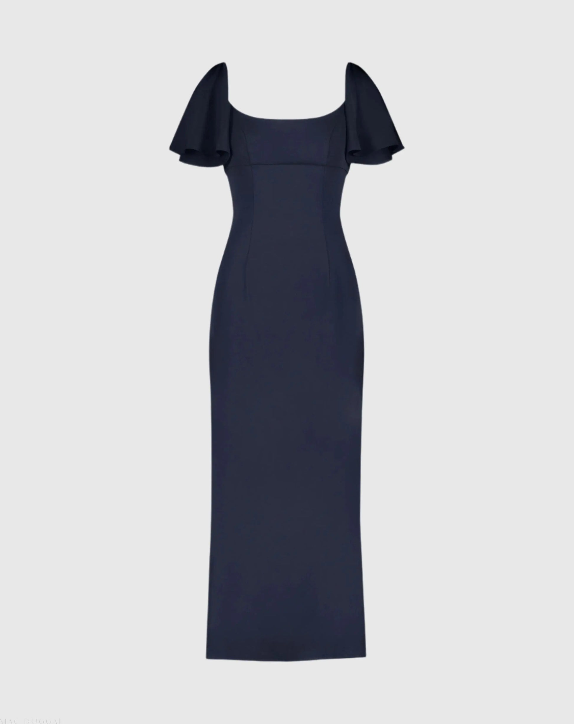 Navy Crepe Fitted Column Dress With Short Ruffle Sleeves - Mac Duggal Navy Crepe Fitted Column Dress With Short Ruffle Sleeves - Mac Duggal