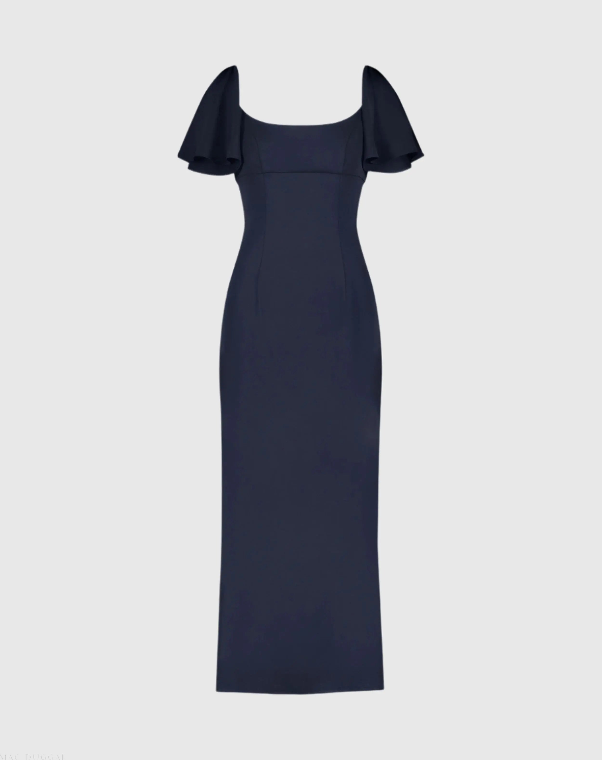 Navy Crepe Fitted Column Dress With Short Ruffle Sleeves - Mac Duggal