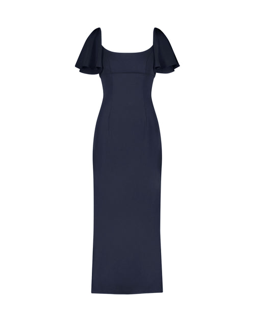 Crepe Fitted Column Dress With Short Ruffle Sleeves