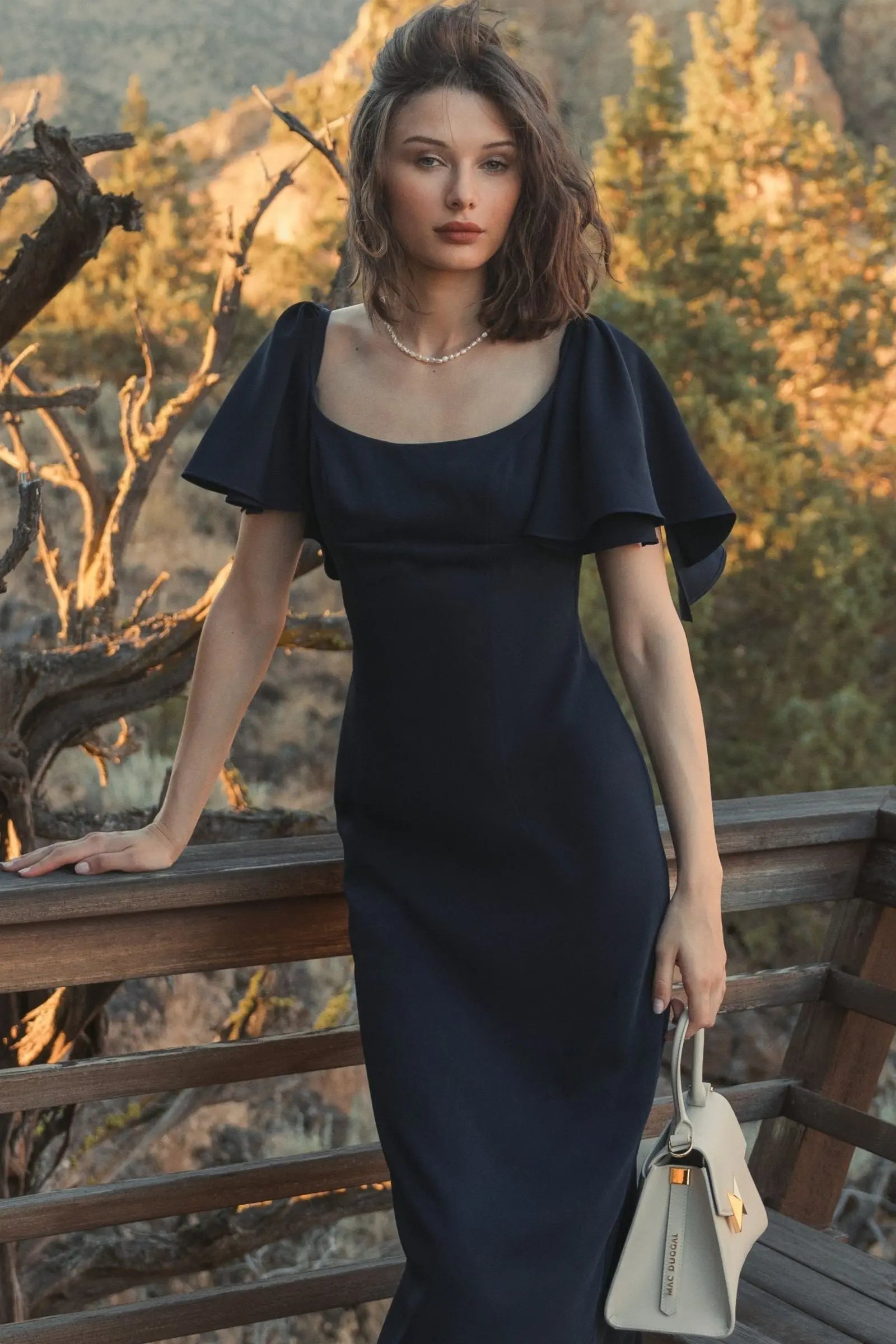 Navy Crepe Fitted Column Dress With Short Ruffle Sleeves - Mac Duggal Navy Crepe Fitted Column Dress With Short Ruffle Sleeves - Mac Duggal
