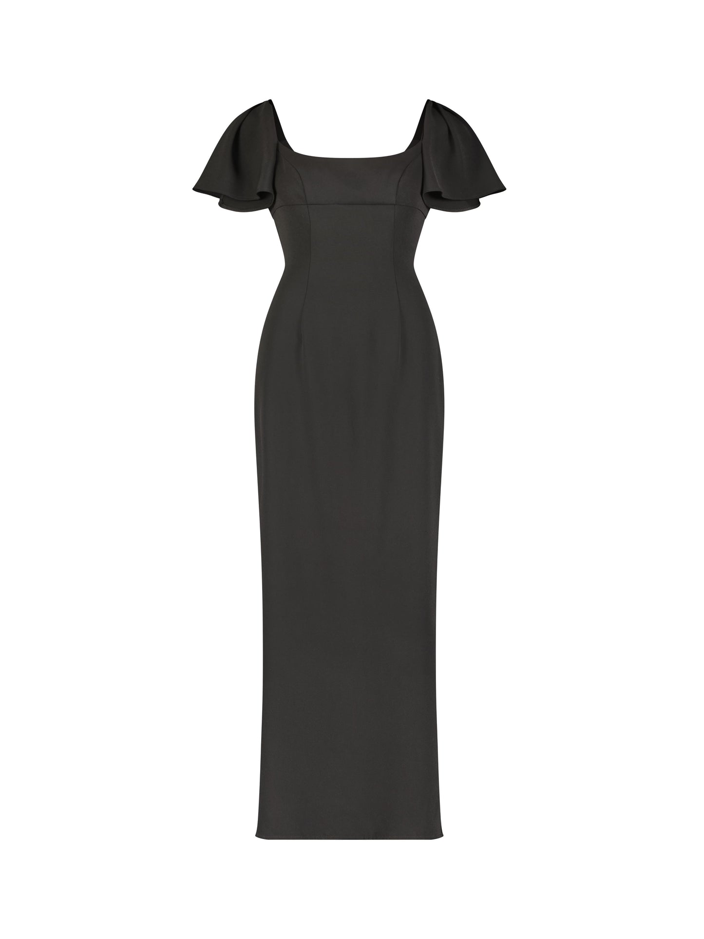 Crepe Fitted Long Dress With Short Ruffle Sleeves