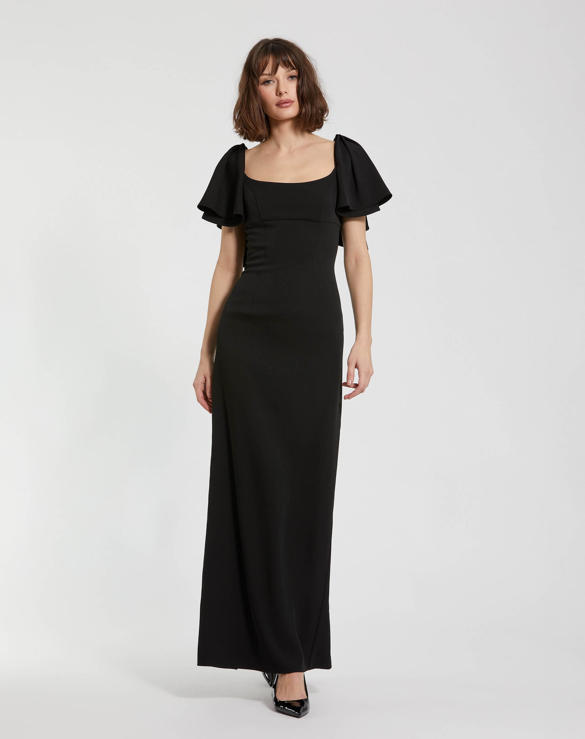 Crepe Fitted Long Dress With Short Ruffle Sleeves