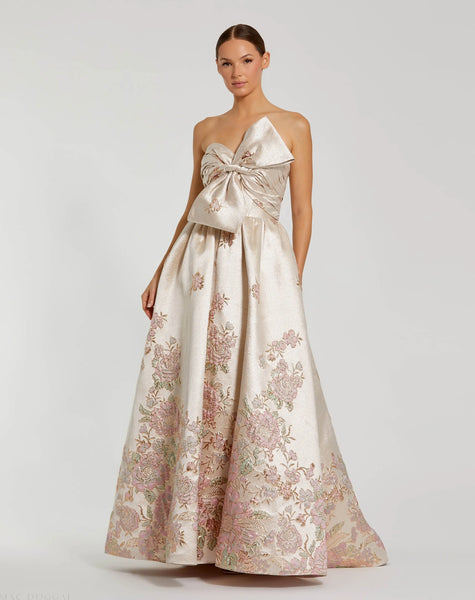 mac duggal strapless brocade floral ruffle-hem a-line maxi dress Women's Gown With Bow Detail - Tan/Beige - Size 8 US Size:24 NWOT Lilly Pulitzer Alyssa Long Prom Dresses Model is wearing Antique