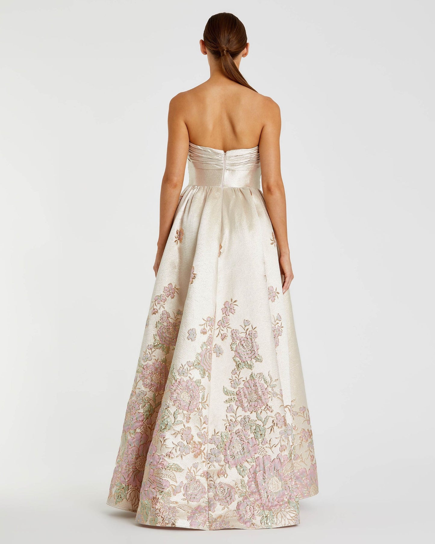 Brocade Strapless Floral Gown With Bow Detail