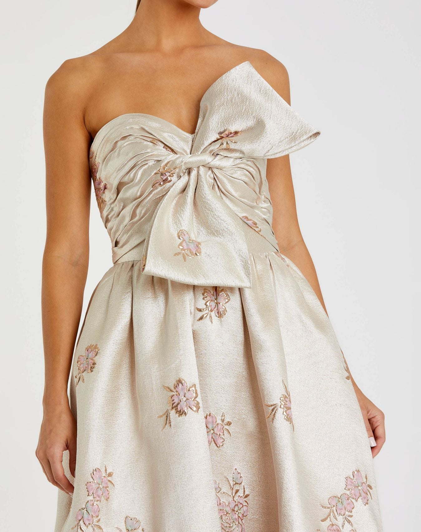 Brocade Strapless Floral Gown With Bow Detail