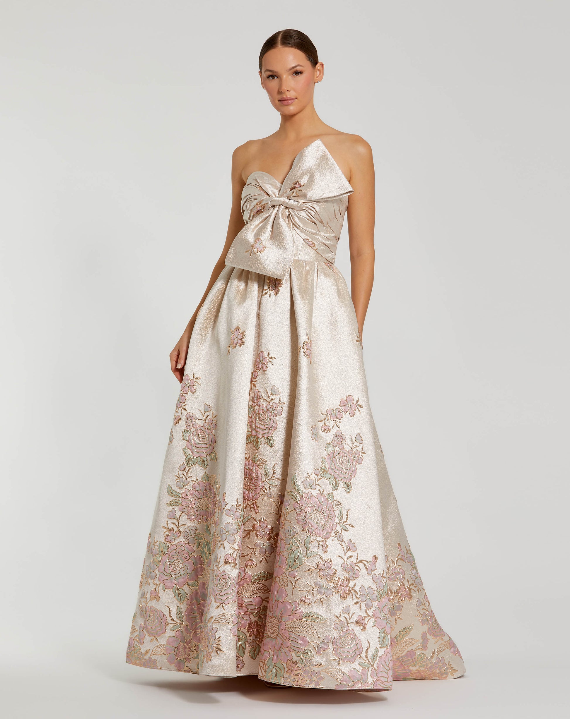 Brocade Strapless Floral Gown With Bow Detail