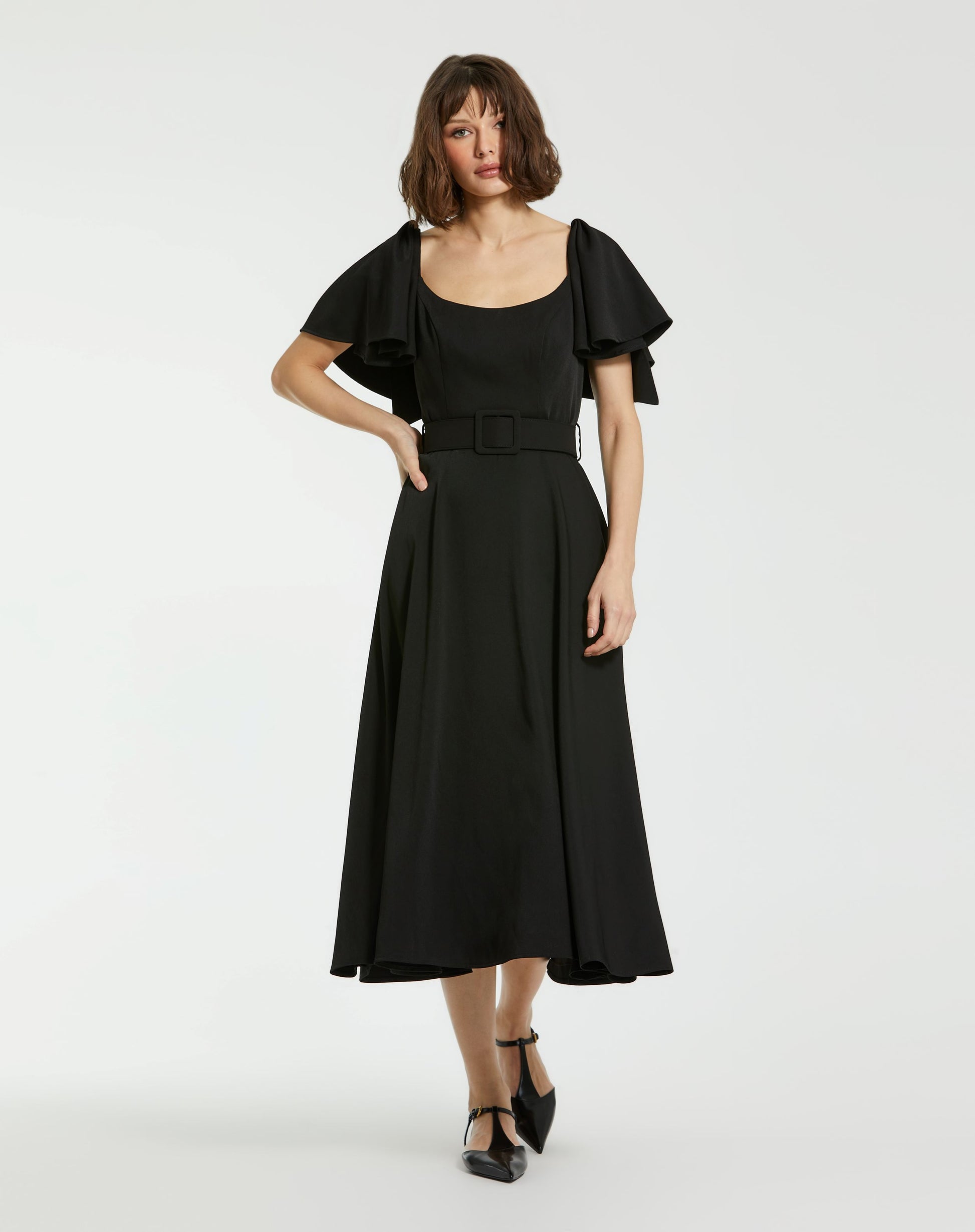 Crepe Ruffle Sleeve Midi Dress With Belt