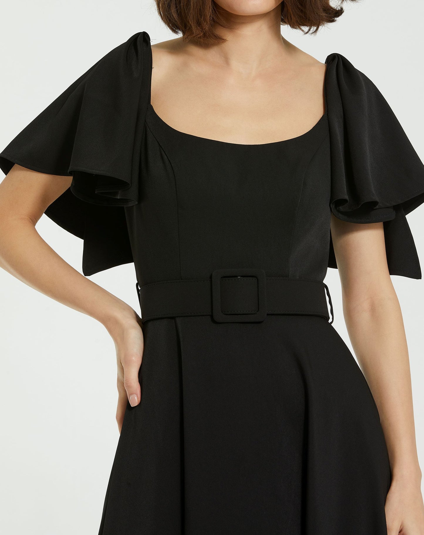 Crepe Ruffle Sleeve Midi Dress With Belt