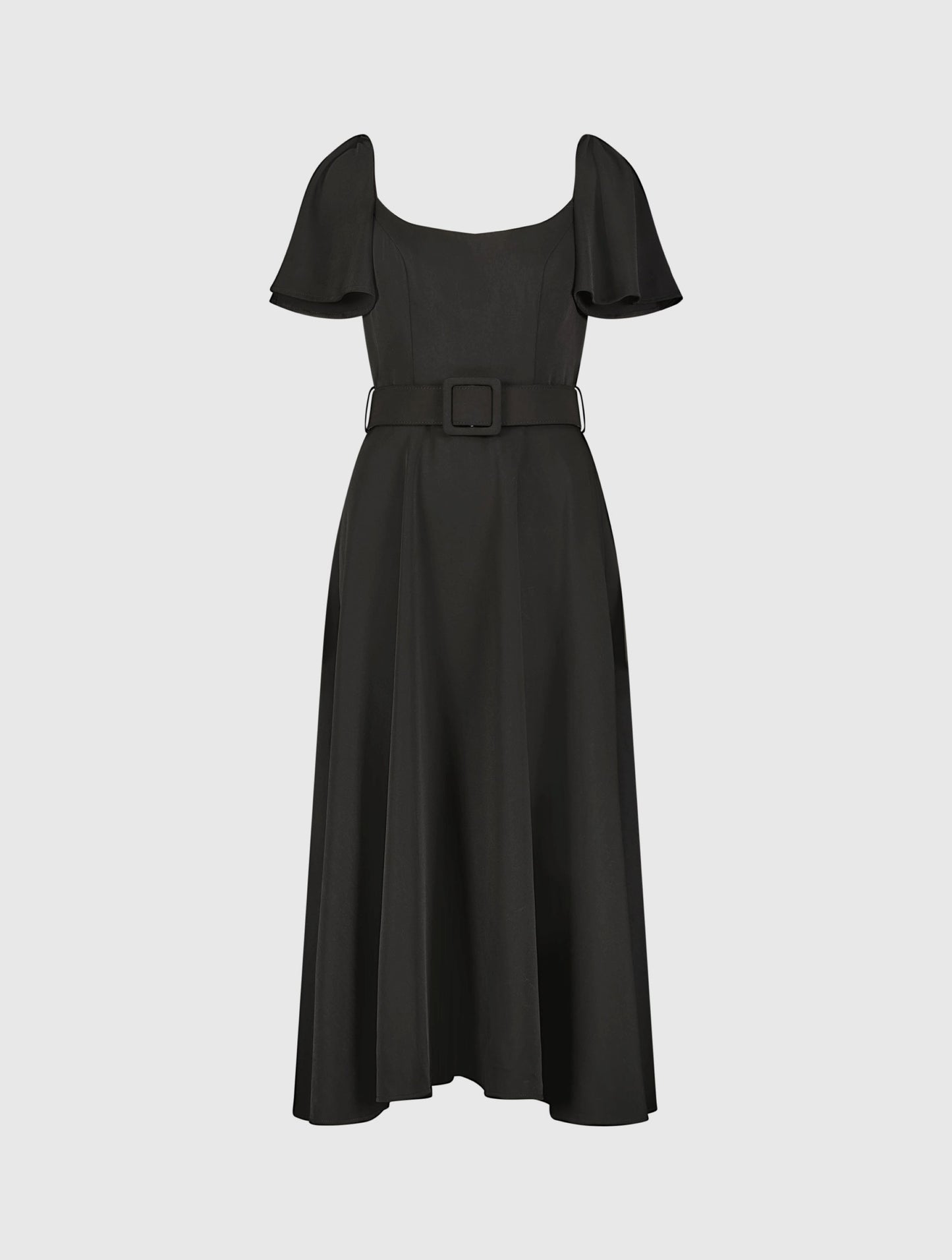 Crepe Ruffle Sleeve Midi Dress With Belt