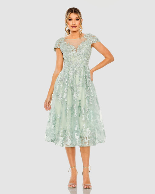 Green Embroidered Cap Sleeve A Line Dress - Mac Duggal