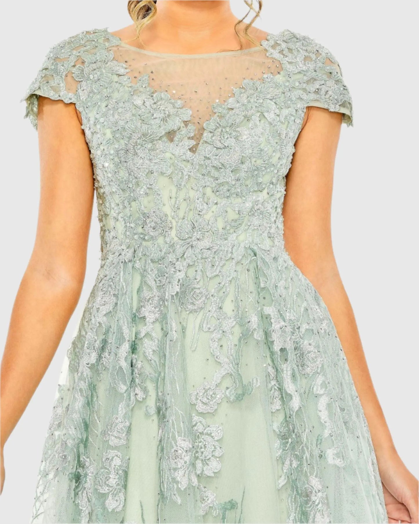 Green Embroidered Cap Sleeve A Line Dress - Mac Duggal