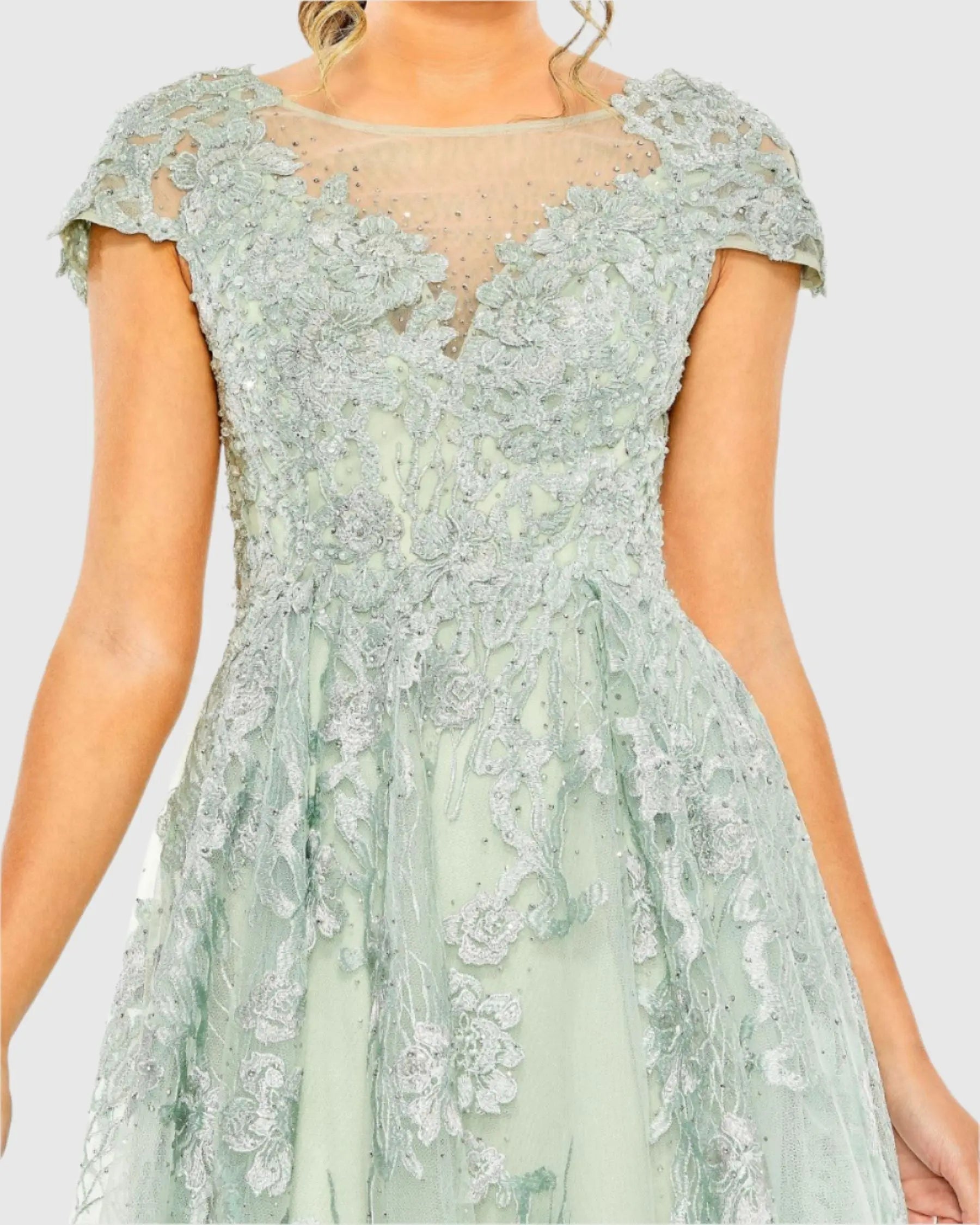 Green Embroidered Cap Sleeve A Line Dress - Mac Duggal