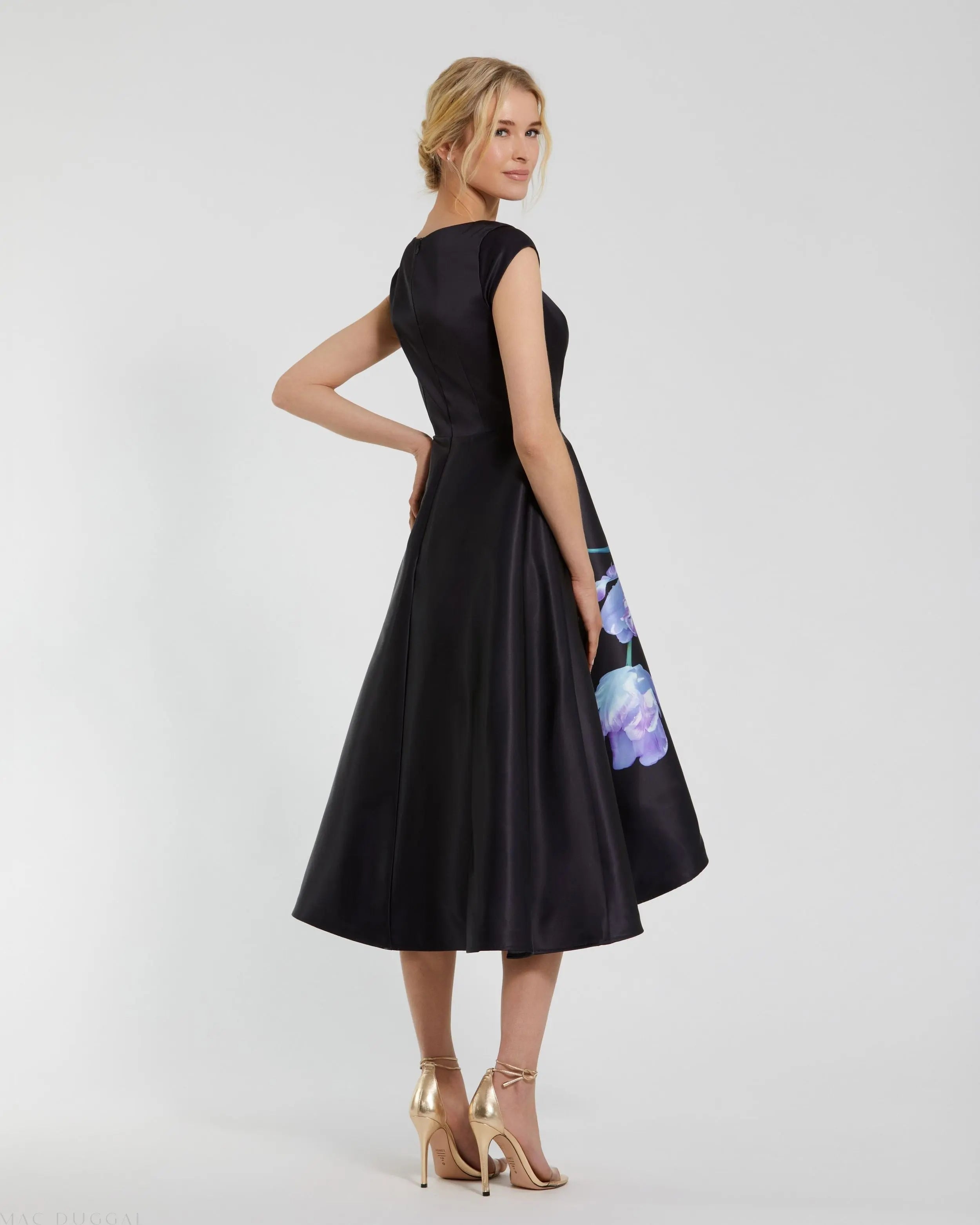 Black Satin Cap Sleeve Midi Dress With Floral Print - Ieena for Mac Duggal