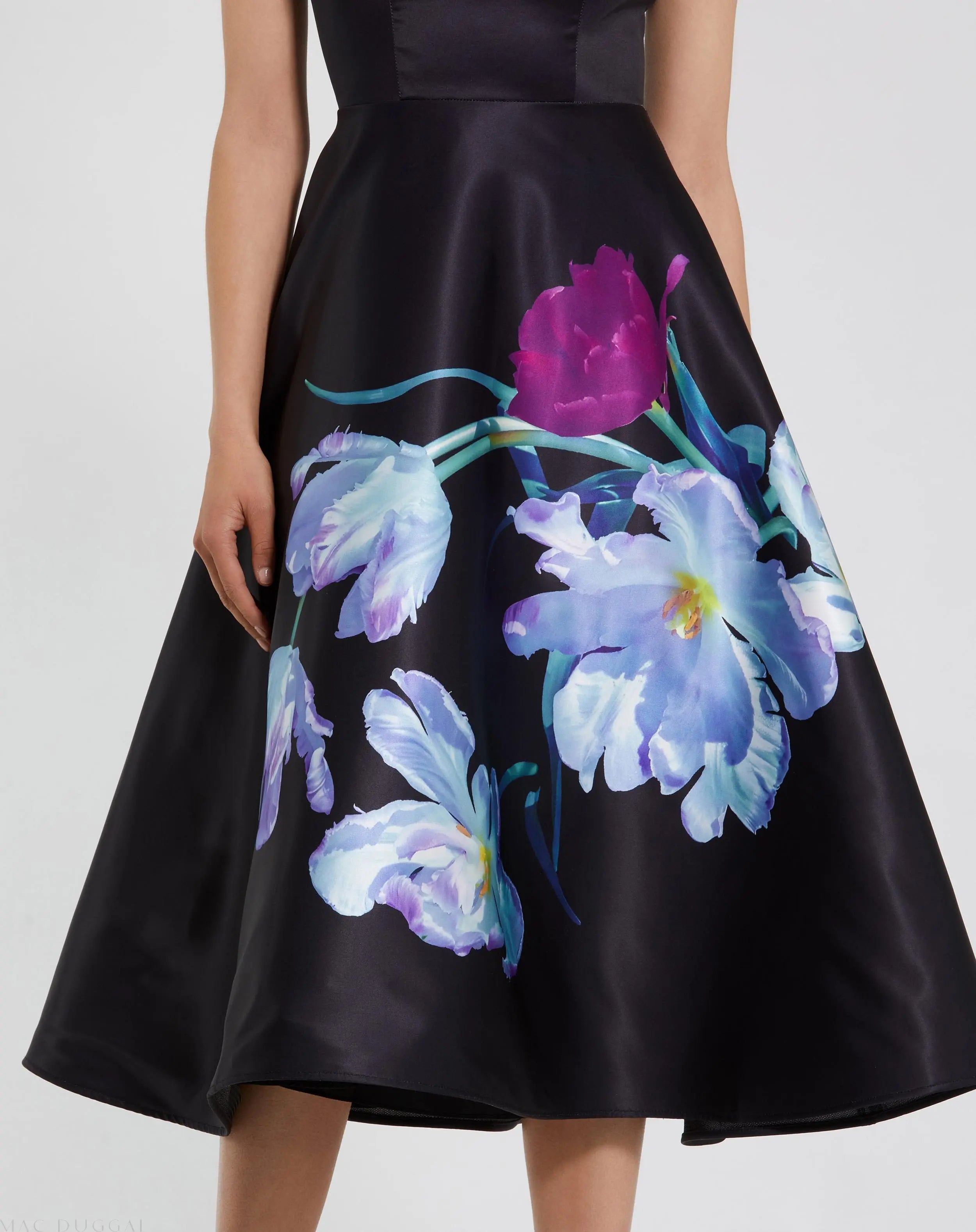 Black Satin Cap Sleeve Midi Dress With Floral Print - Ieena for Mac Duggal