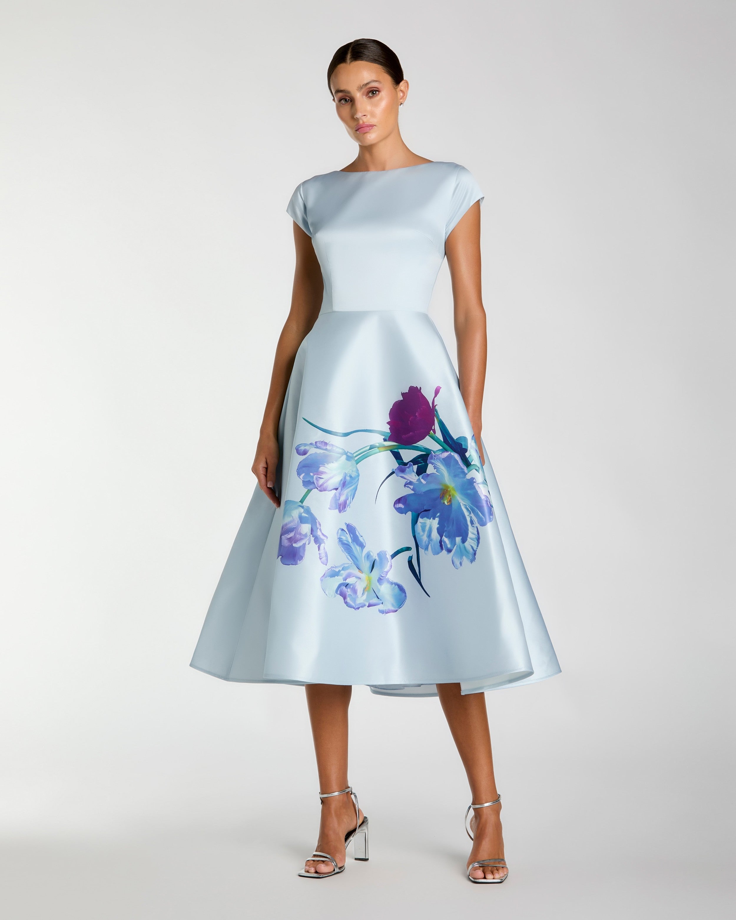 Blue Satin Cap Sleeve Midi Dress With Floral Print Mac Duggal