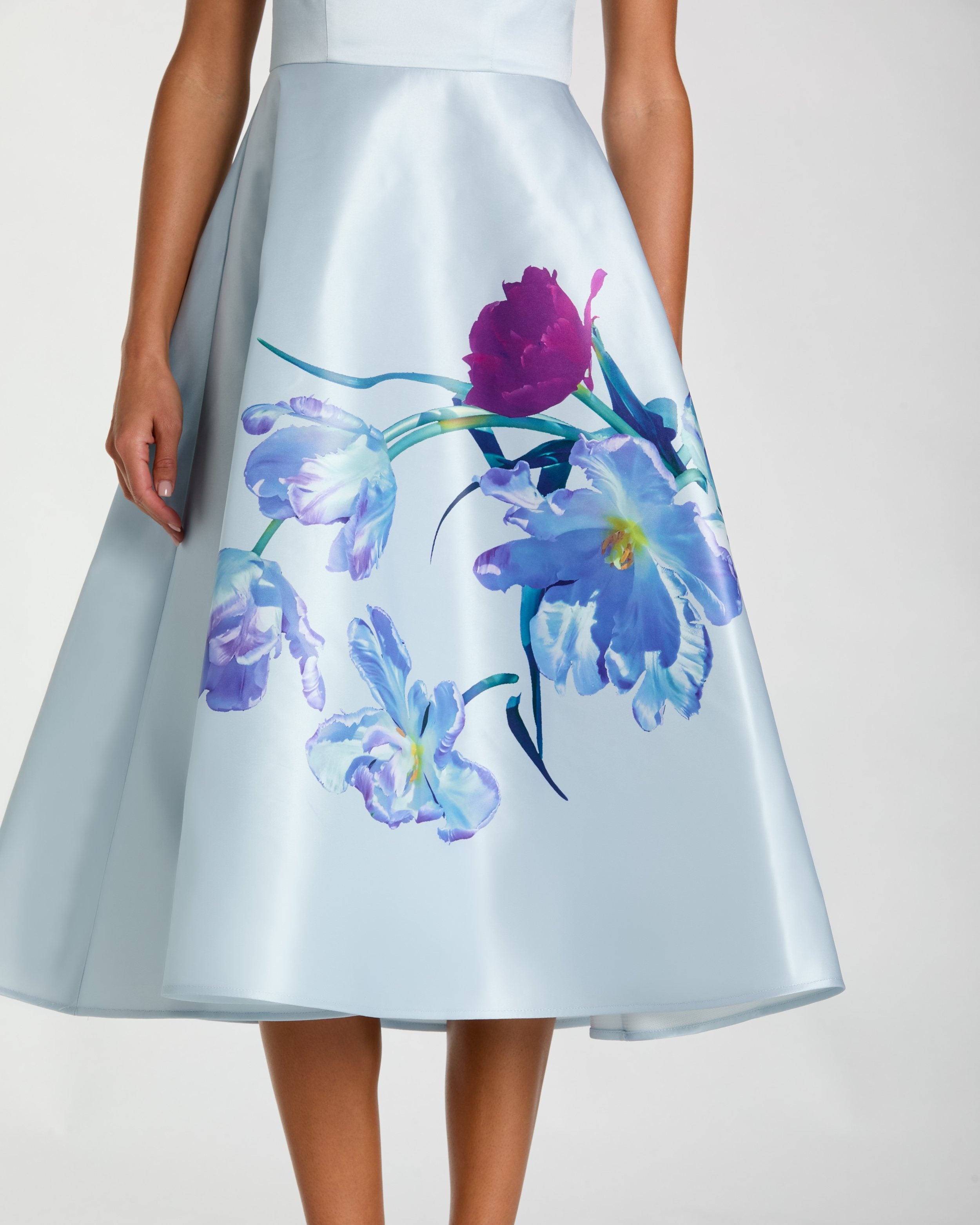 Blue Satin Cap Sleeve Midi Dress With Floral Print Mac Duggal