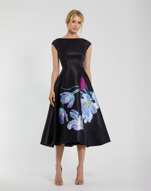 Satin Cap Sleeve Midi Dress With Floral Print