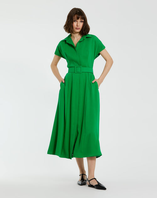 Crepe Collared Short Sleeve Midi Dress With Belt