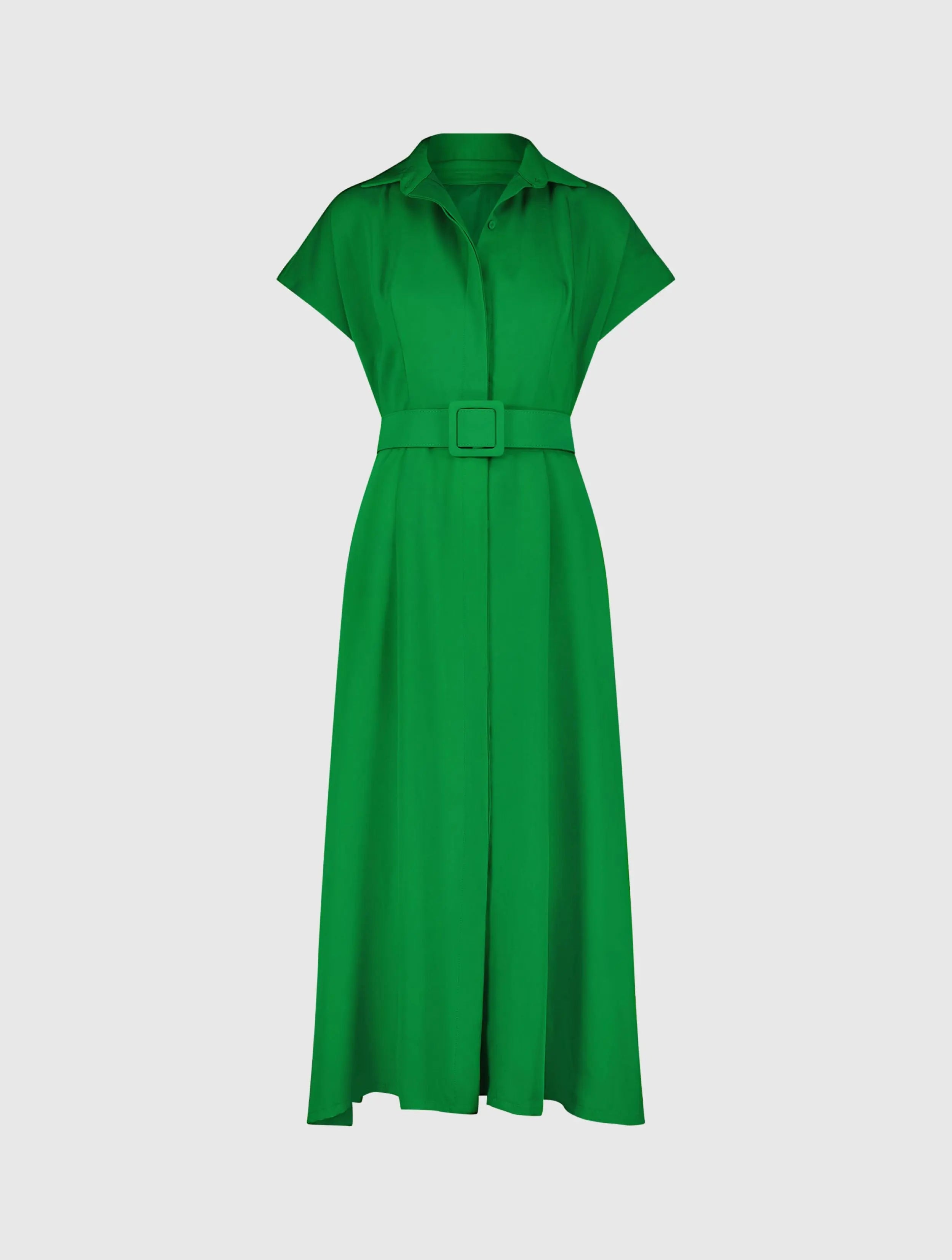 Green Crepe Collared Short Sleeve Midi Dress With Belt - Mac Duggal
