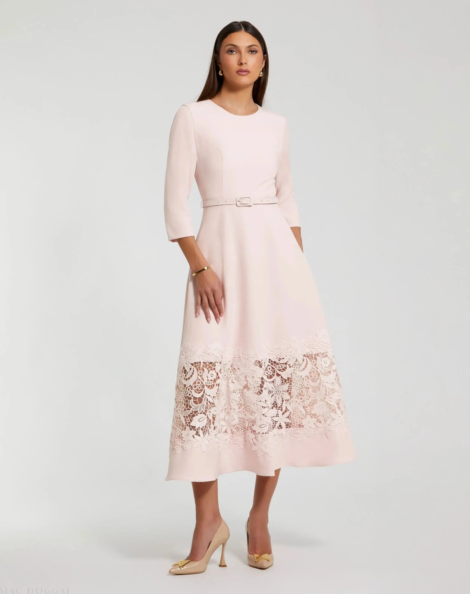 Pink Crepe Boat Neck Midi Dress With Applique Cut Out - Mac Duggal Pink Crepe Boat Neck Midi Dress With Applique Cut Out - Mac Duggal