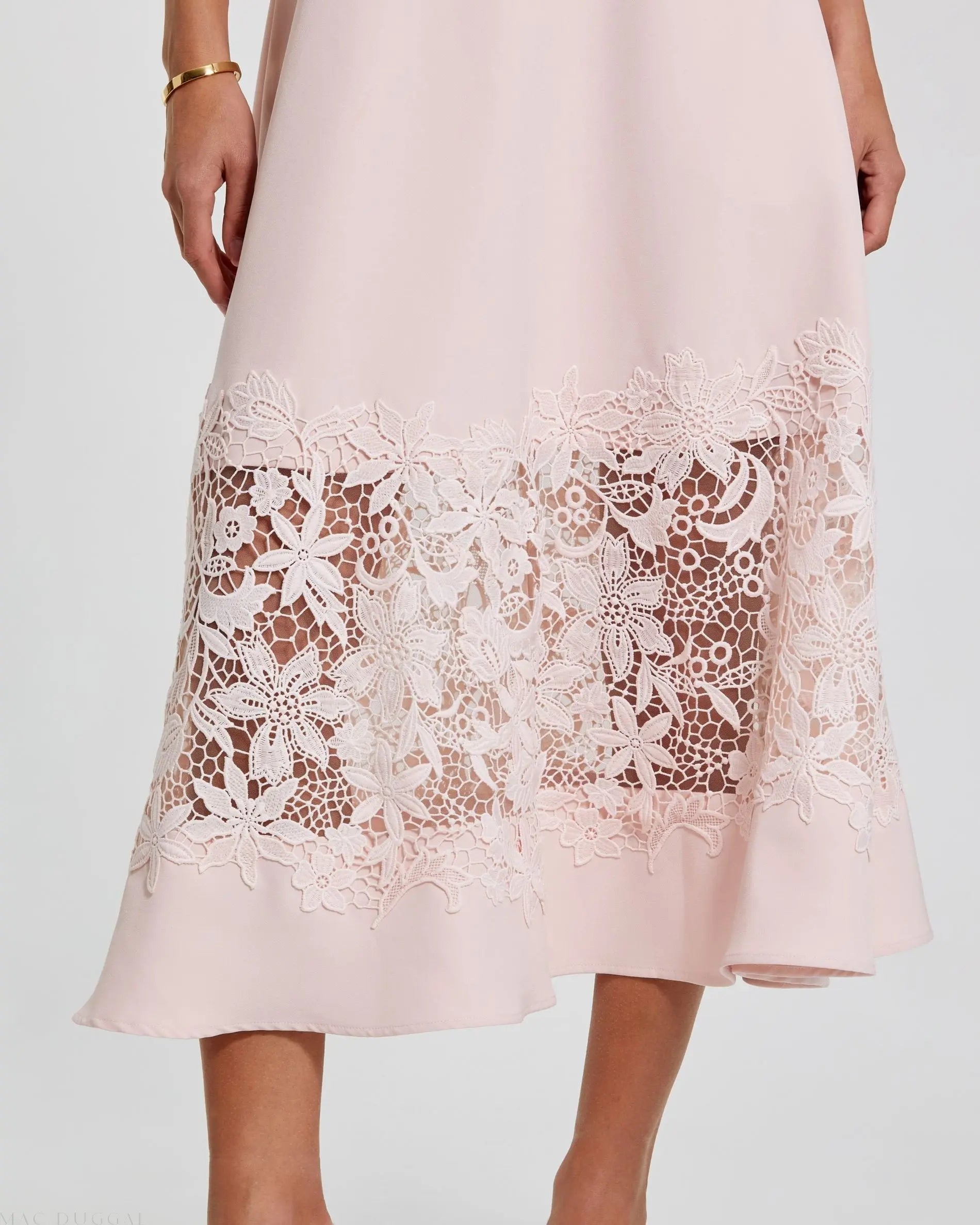 Pink Crepe Boat Neck Midi Dress With Applique Cut Out - Mac Duggal Pink Crepe Boat Neck Midi Dress With Applique Cut Out - Mac Duggal
