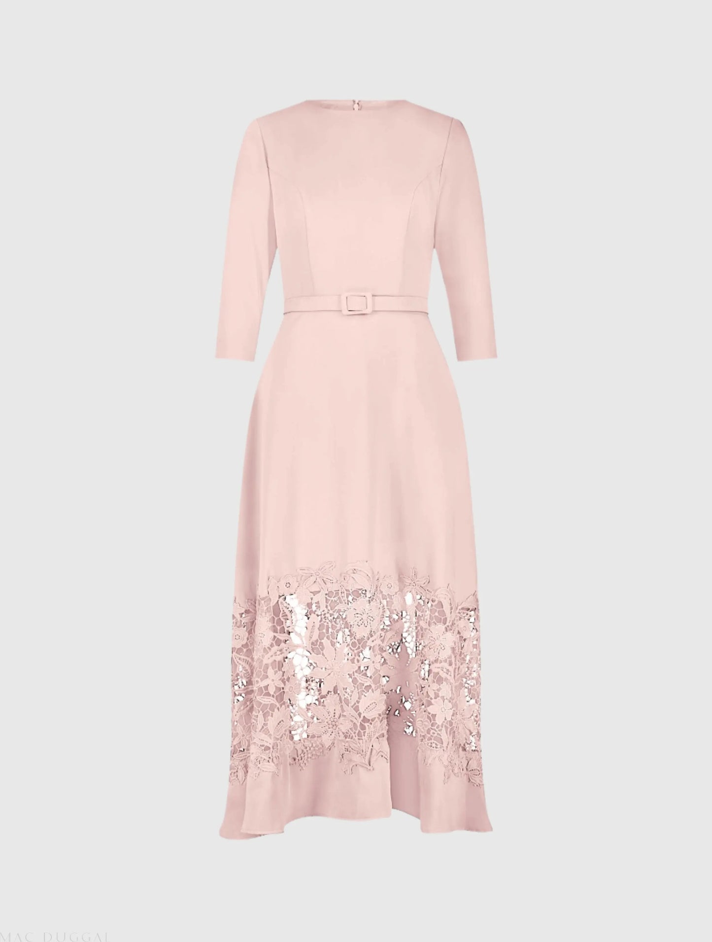 Pink Crepe Boat Neck Midi Dress With Applique Cut Out - Mac Duggal Pink Crepe Boat Neck Midi Dress With Applique Cut Out - Mac Duggal