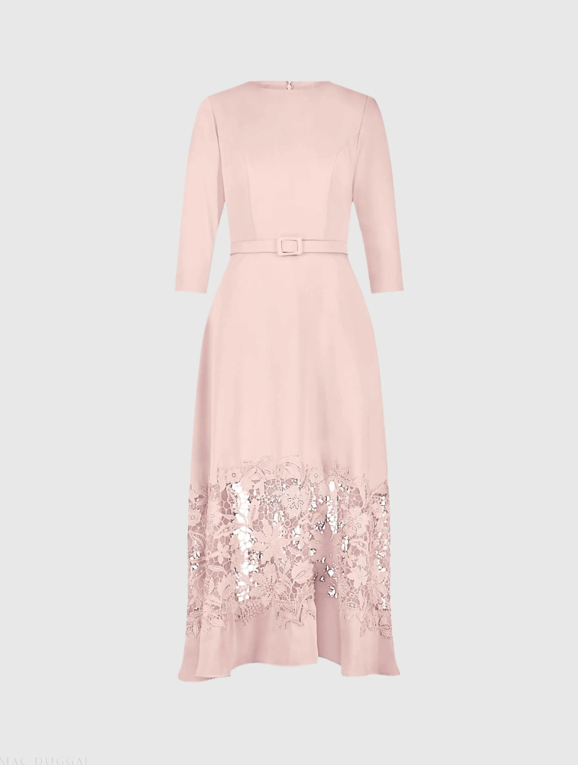 Pink Crepe Boat Neck Midi Dress With Applique Cut Out - Mac Duggal Pink Crepe Boat Neck Midi Dress With Applique Cut Out - Mac Duggal
