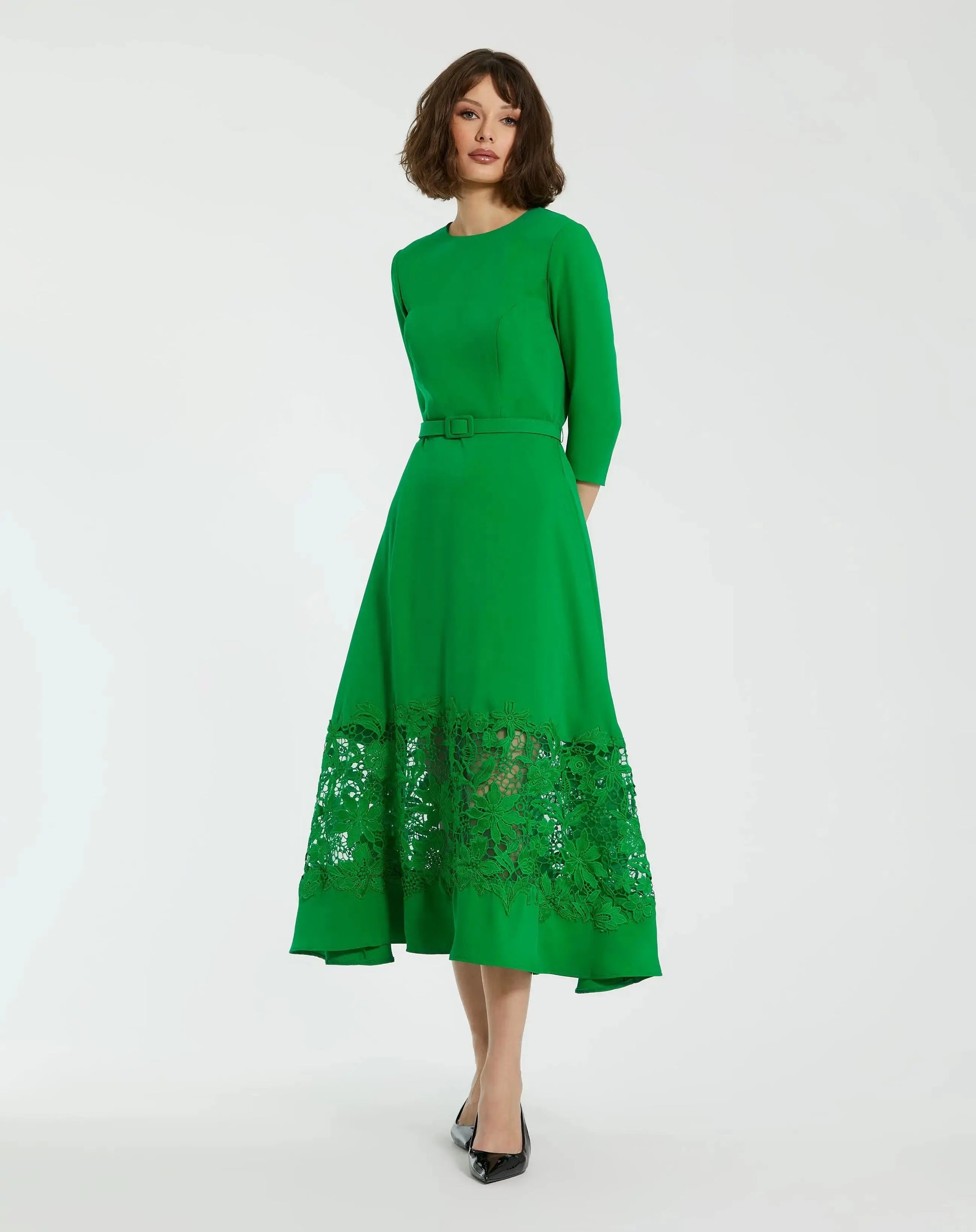 Green Crepe Boat Neck Midi Dress With Applique Cut Out - Mac Duggal Green Crepe Boat Neck Midi Dress With Applique Cut Out - Mac Duggal