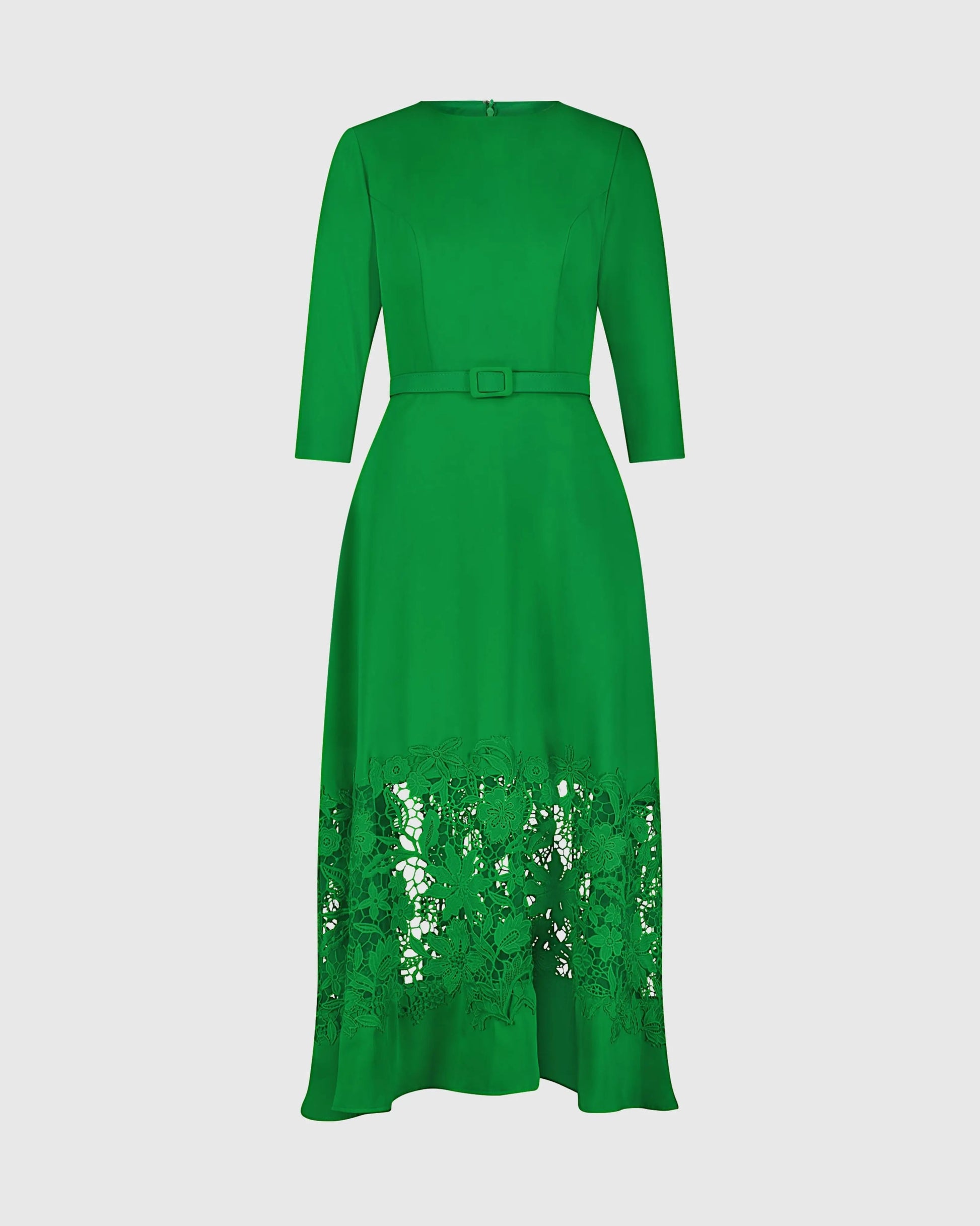 Green Crepe Boat Neck Midi Dress With Applique Cut Out - Mac Duggal Green Crepe Boat Neck Midi Dress With Applique Cut Out - Mac Duggal