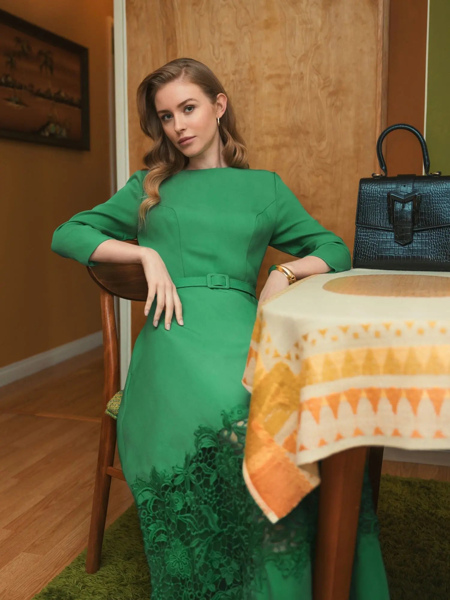 slim fit dress slacks Green Crepe Boat Neck Midi Dress With Applique Cut Out