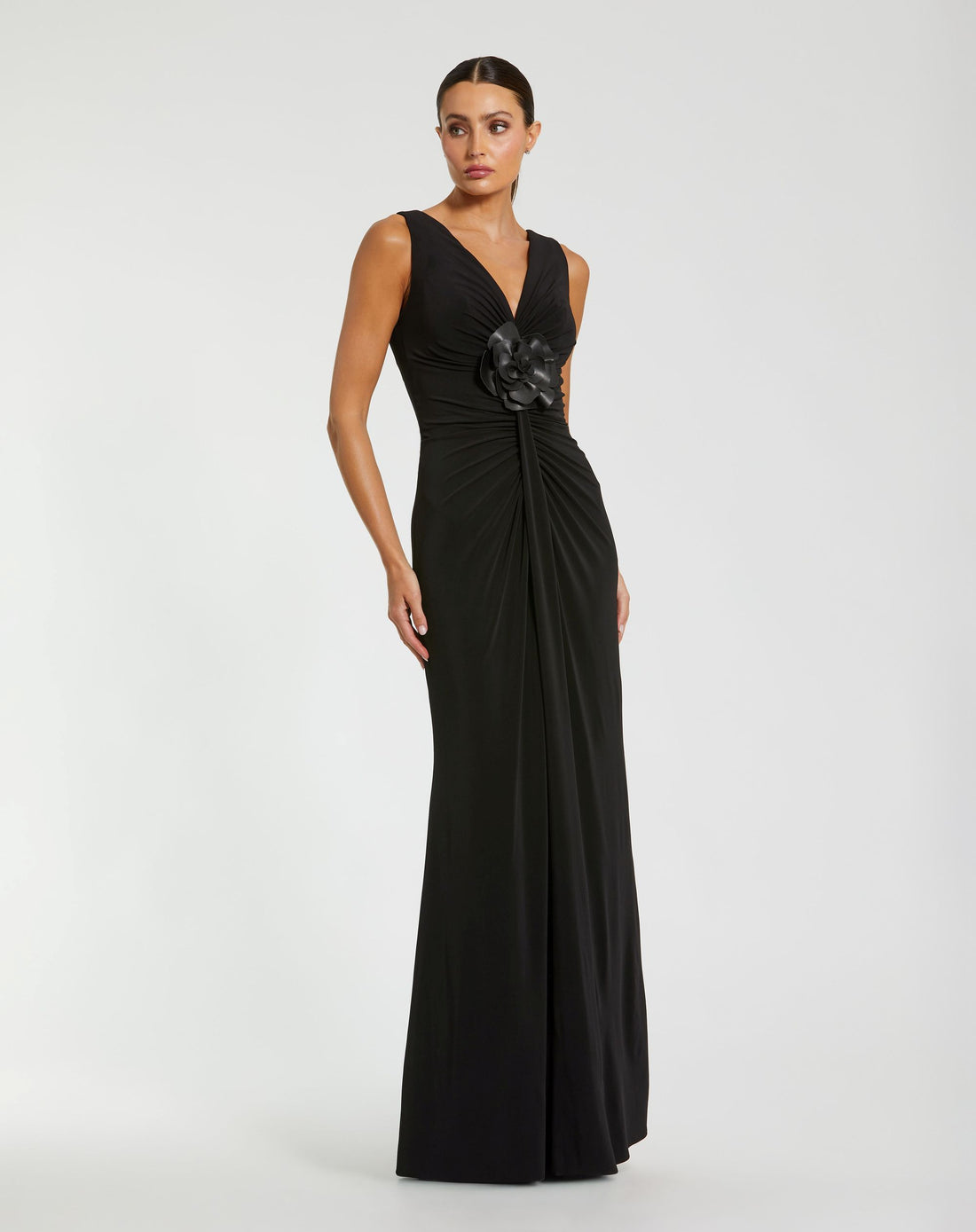 Black Sleeveless Jersey Gown With 3D Flower - Ieena for Mac Duggal