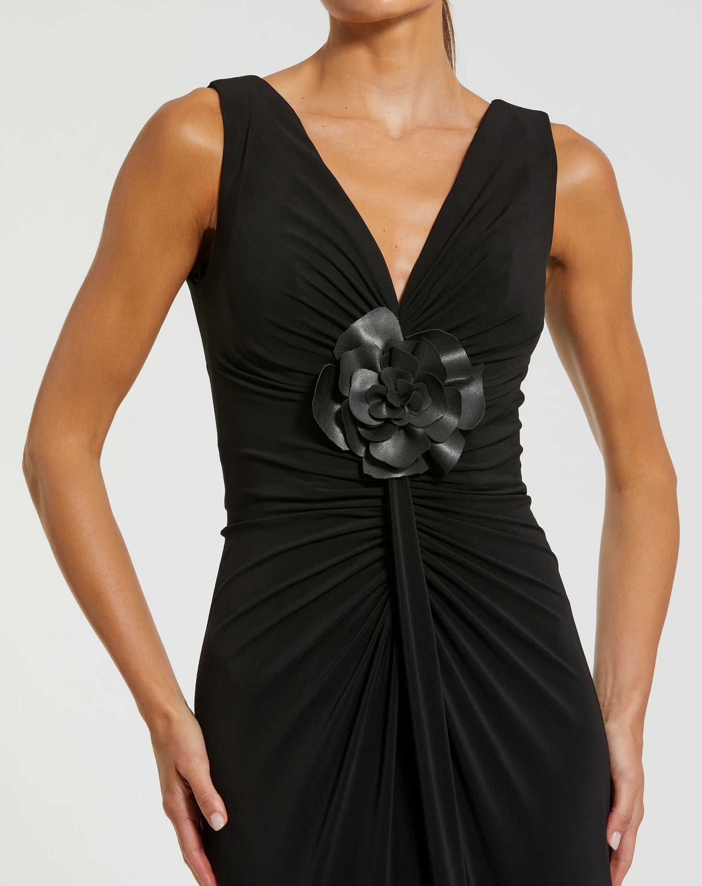 Black Sleeveless Jersey Gown With 3D Flower - Ieena for Mac Duggal