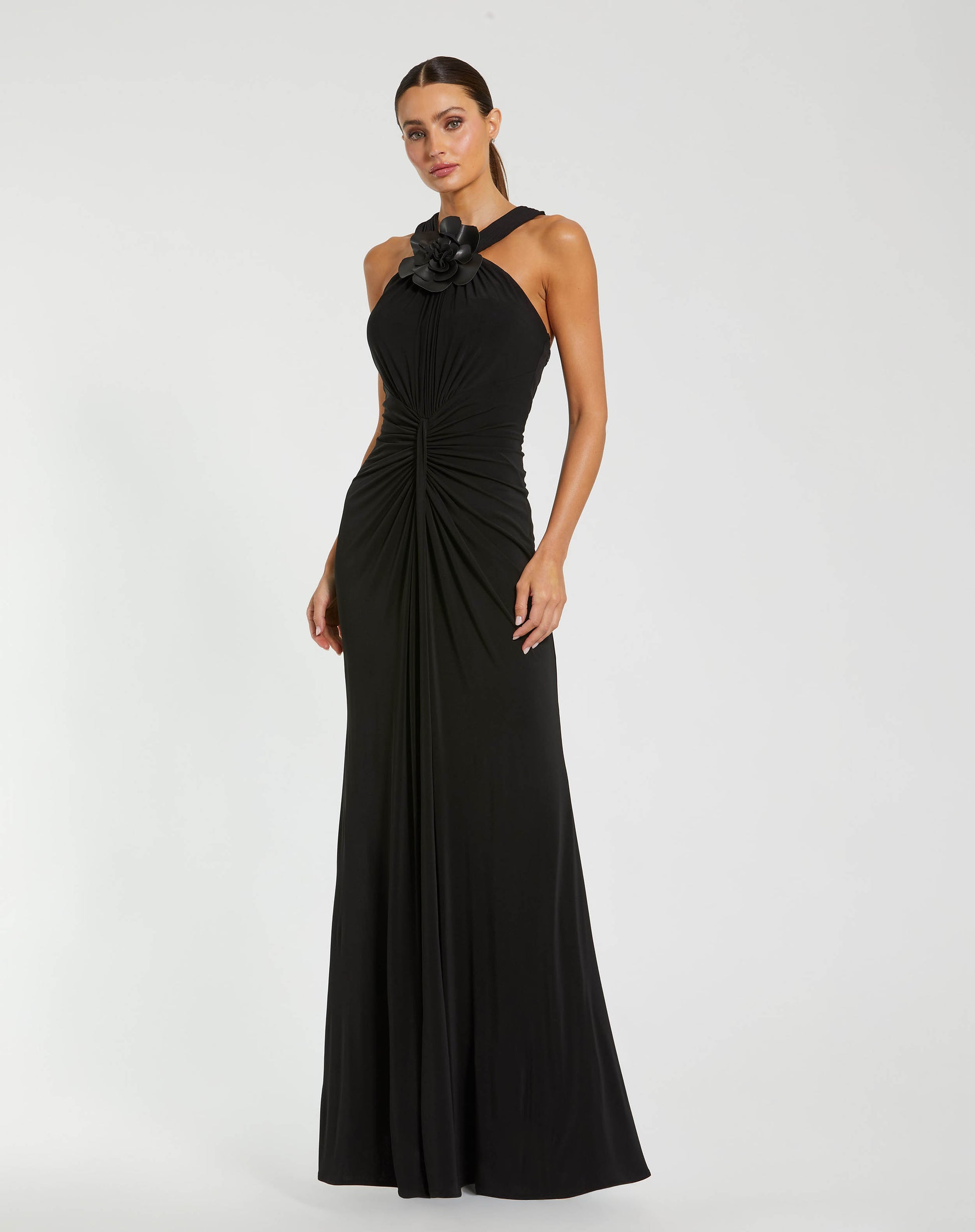 Black Jersey Halter Gown With Floral Appliqué Ieena for Mac Duggal