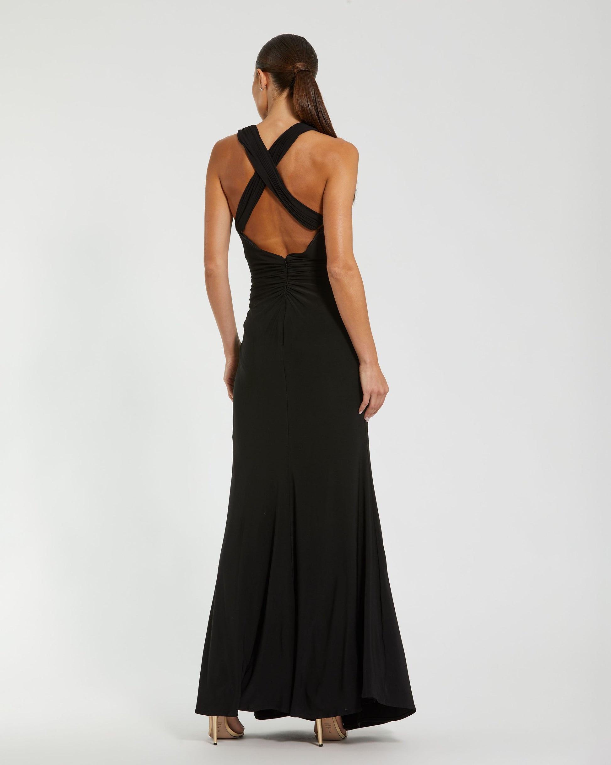 Black Jersey Halter Gown With Floral Appliqué Ieena for Mac Duggal