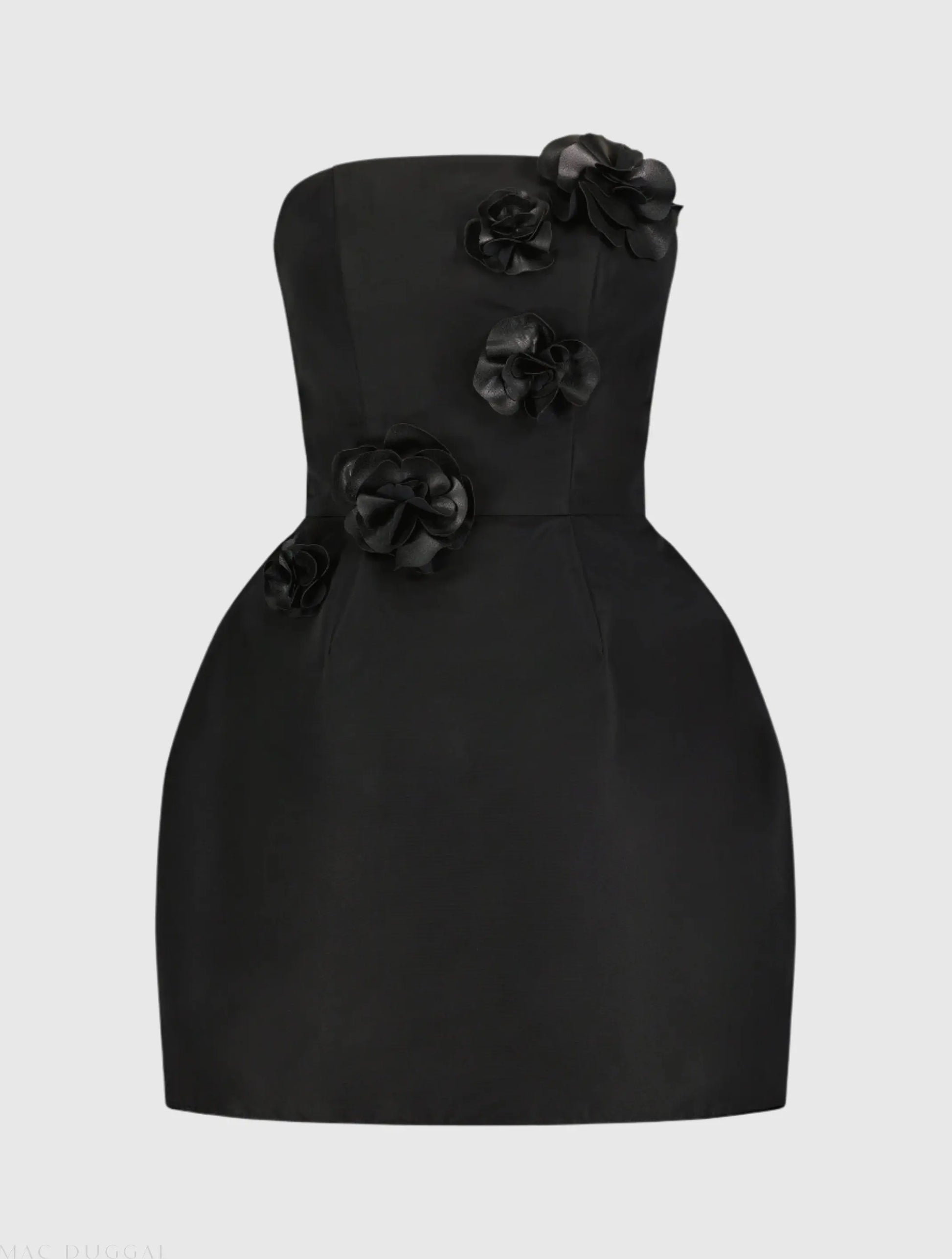 fleurs strapless mini dress black Black Strapless Faille Mini Dress With 3D Flower Detail