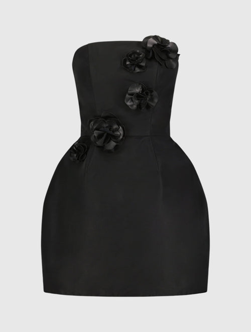 Vestido curto sem alças Faille com detalhes de flores 3D