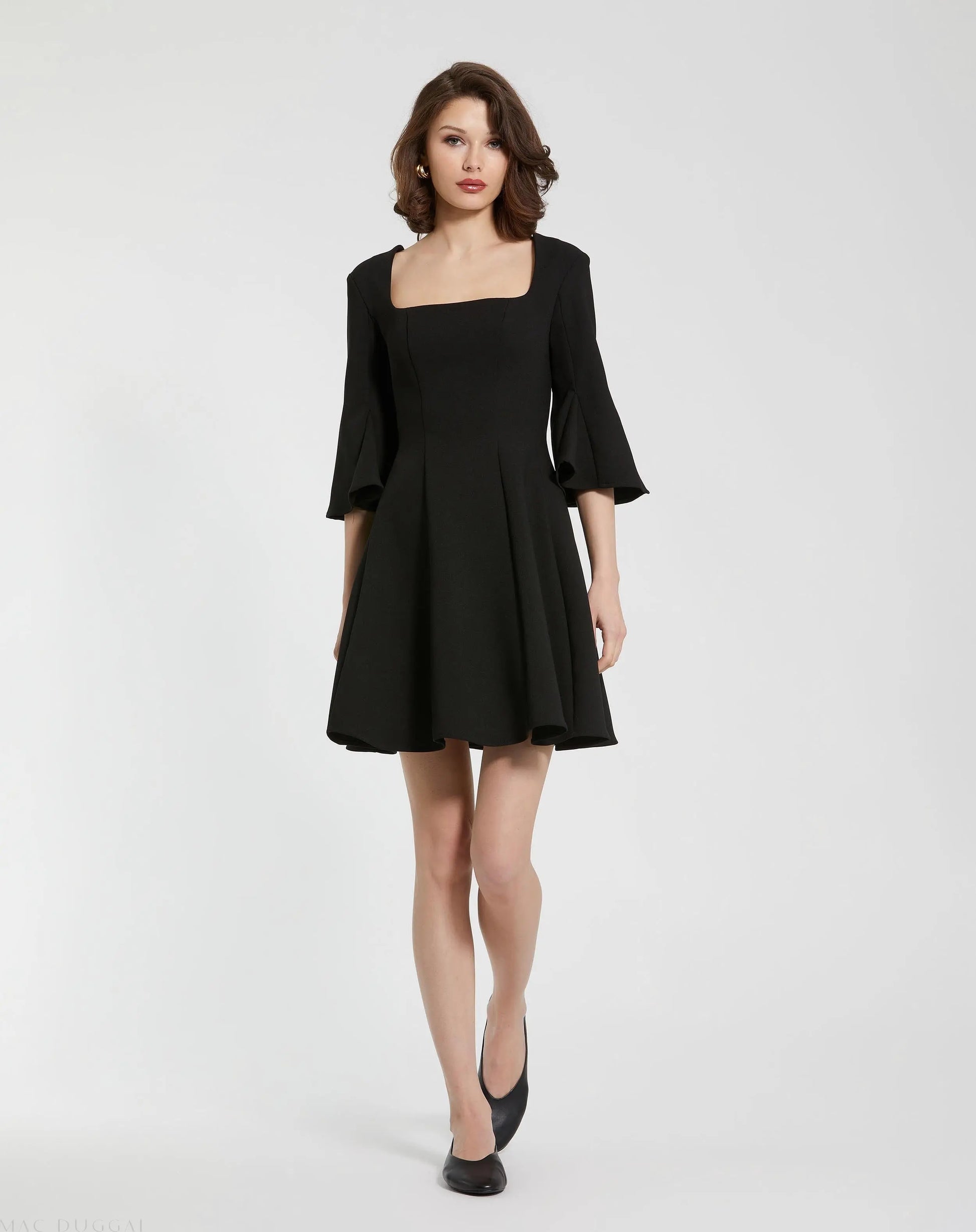 Black Crepe Square Neck 3/4 Sleeve Godet Mini Dress - Mac Duggal Black Crepe Square Neck 3/4 Sleeve Godet Mini Dress - Mac Duggal