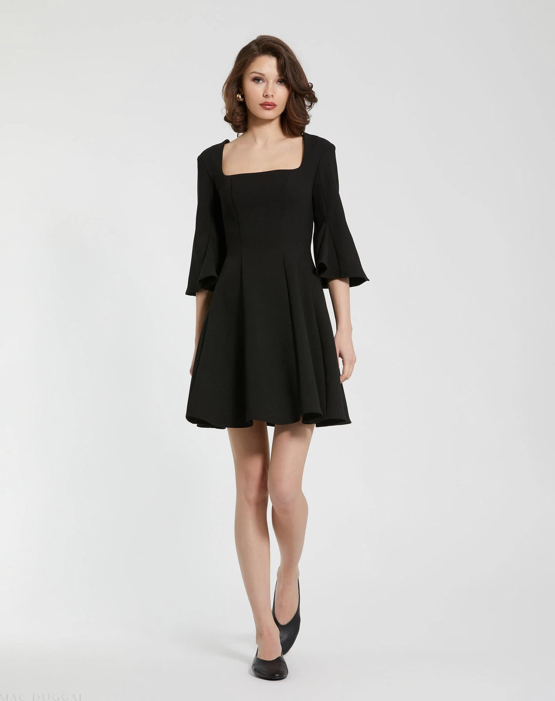 Black Crepe Square Neck 3/4 Sleeve Godet Mini Dress - Mac Duggal Black Crepe Square Neck 3/4 Sleeve Godet Mini Dress - Mac Duggal