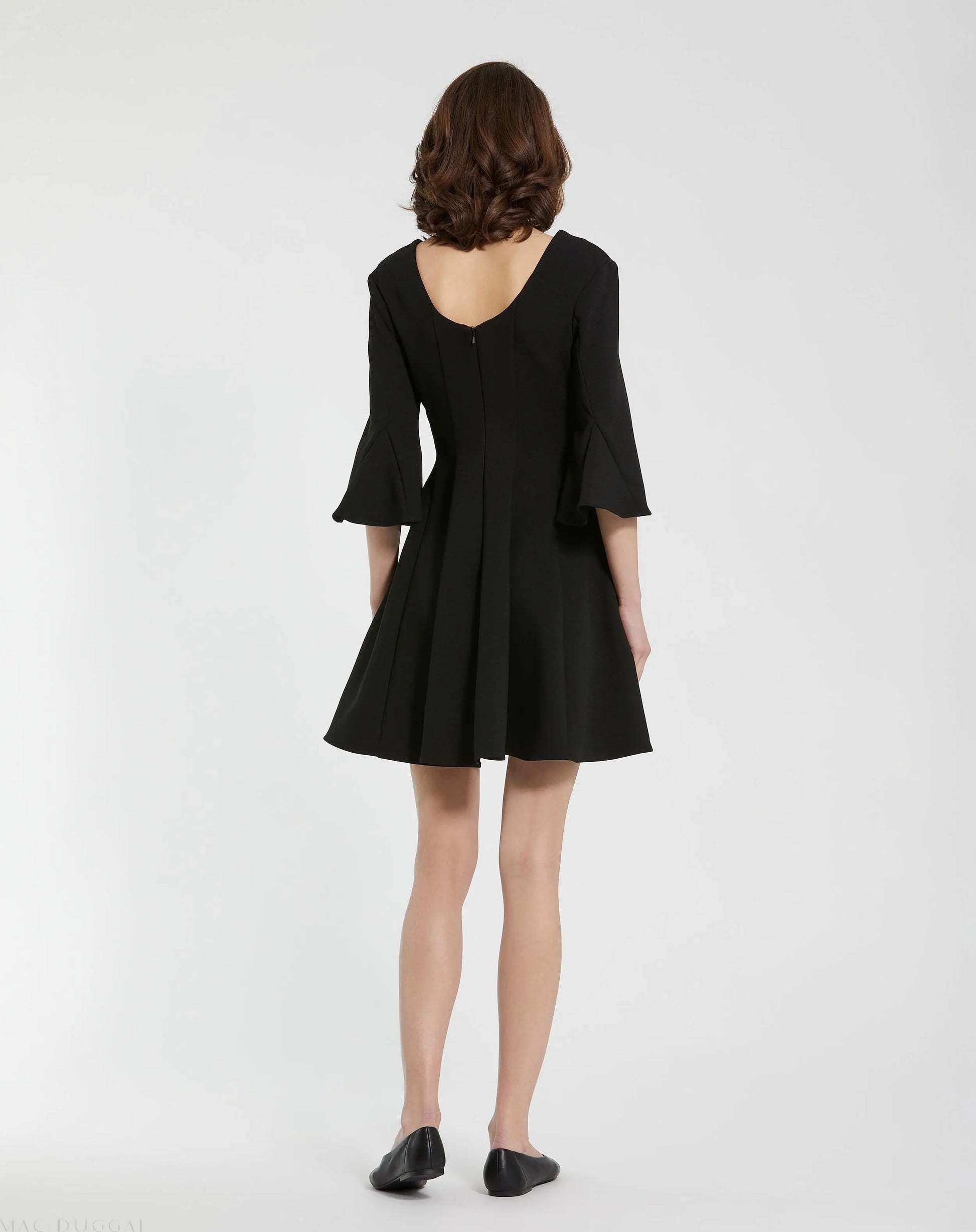 Black Crepe Square Neck 3/4 Sleeve Godet Mini Dress - Mac Duggal Black Crepe Square Neck 3/4 Sleeve Godet Mini Dress - Mac Duggal
