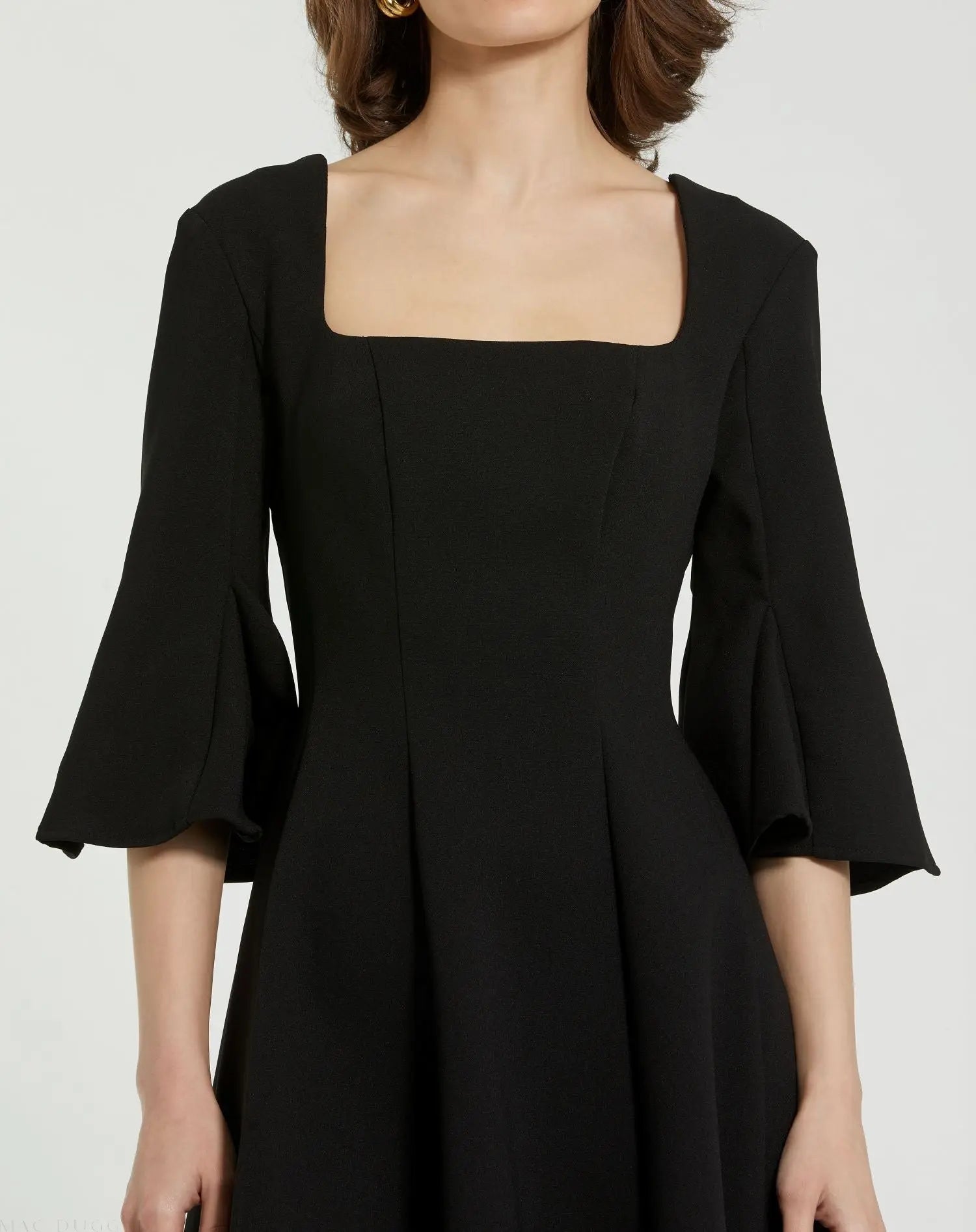 Black Crepe Square Neck 3/4 Sleeve Godet Mini Dress - Mac Duggal Black Crepe Square Neck 3/4 Sleeve Godet Mini Dress - Mac Duggal