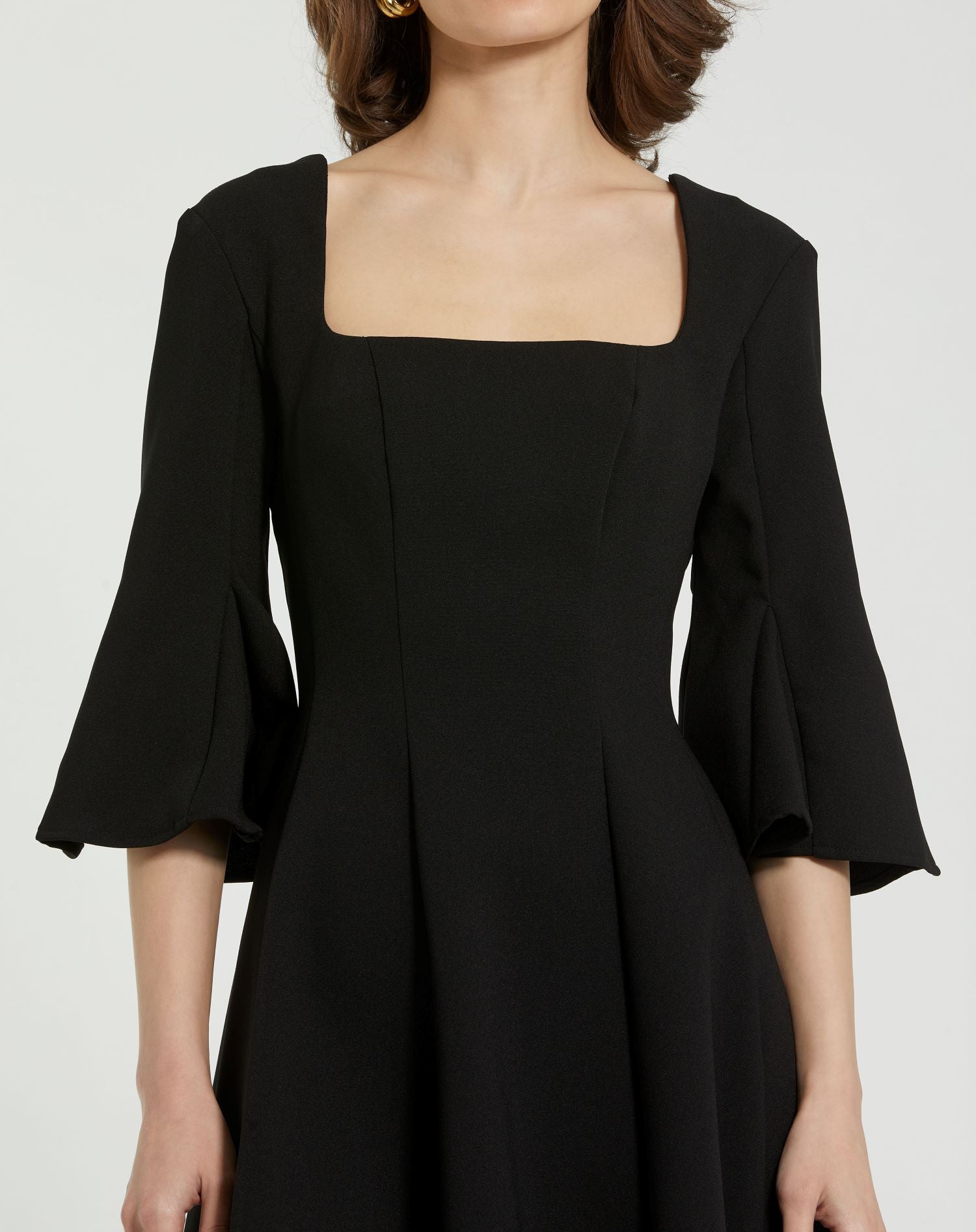 Crepe Square Neck 3/4 Sleeve Godet Mini Dress