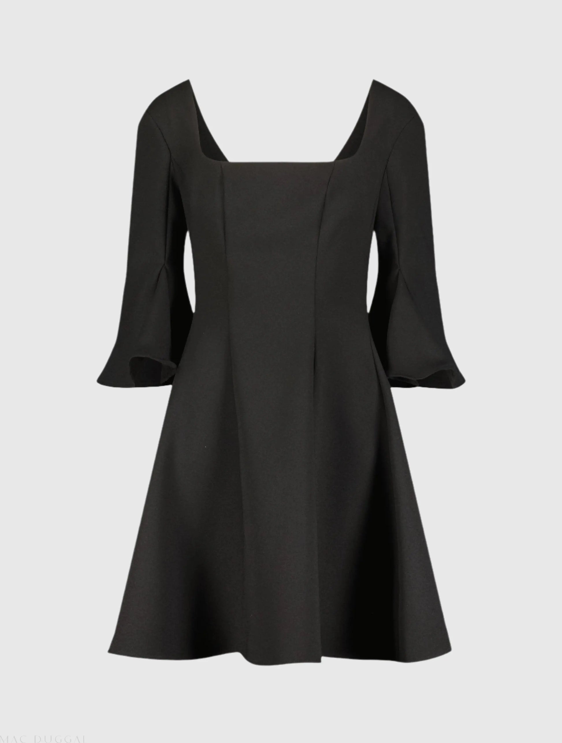 Black Crepe Square Neck 3/4 Sleeve Godet Mini Dress - Mac Duggal Black Crepe Square Neck 3/4 Sleeve Godet Mini Dress - Mac Duggal