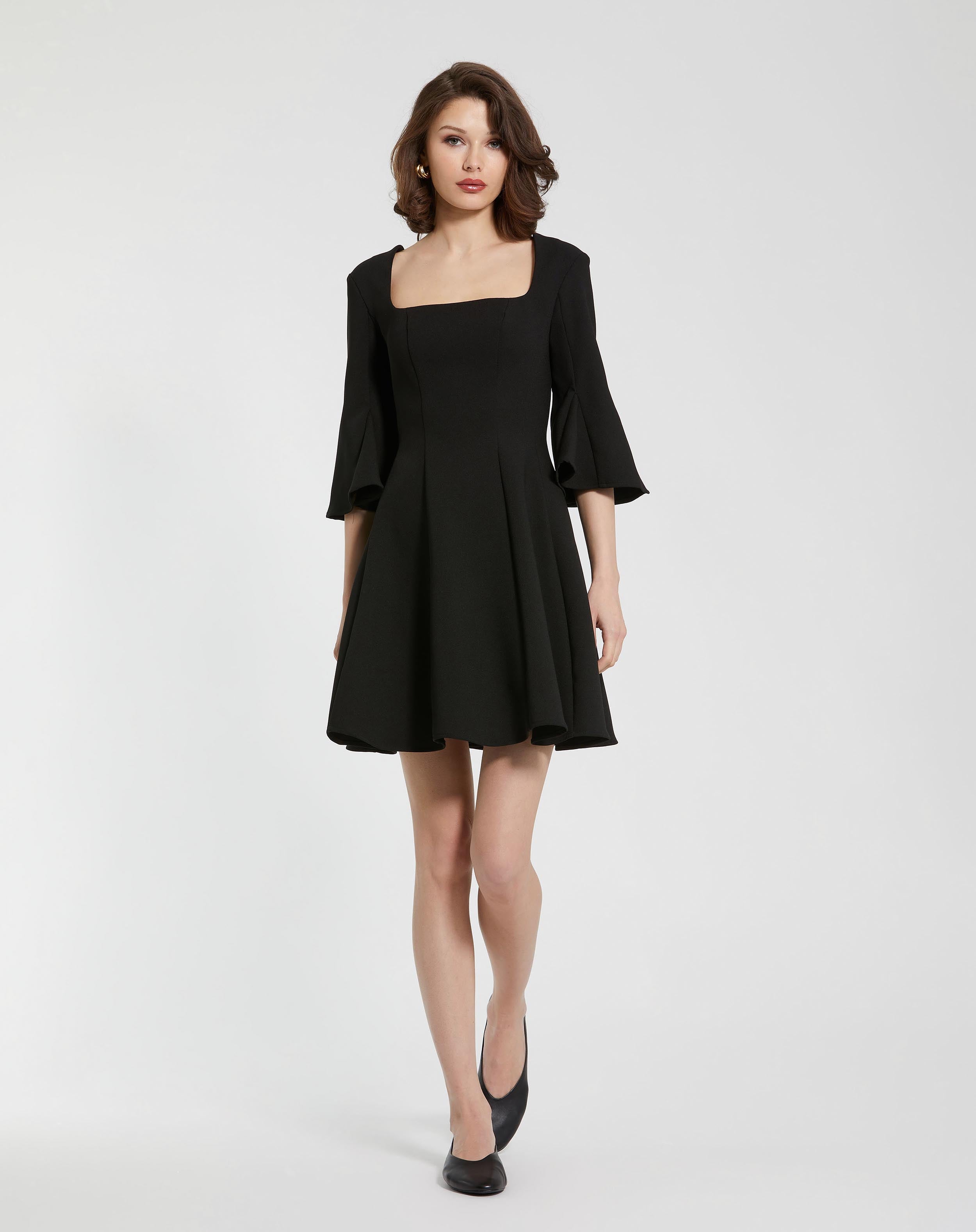 Crepe Square Neck 3/4 Sleeve Godet Mini Dress