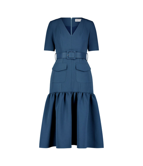 Robe midi en crêpe à manches 3/4 avec ceinture et poches