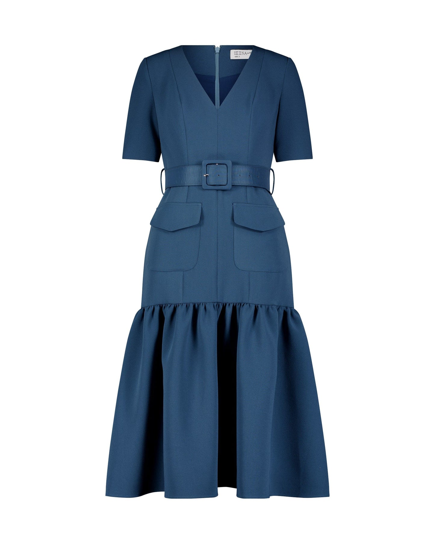 Blue Crepe 3/4 Sleeve Midi Dress With Belt And Pockets - Mac Duggal