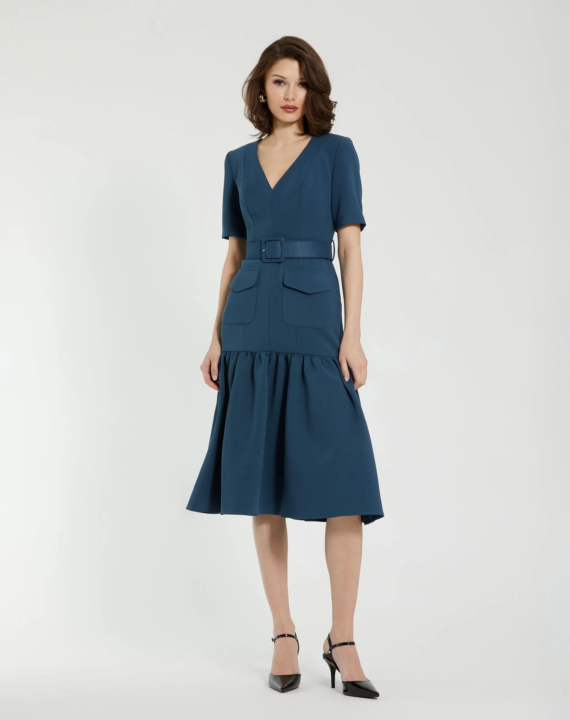Blue Crepe 3/4 Sleeve Midi Dress With Belt And Pockets - Mac Duggal